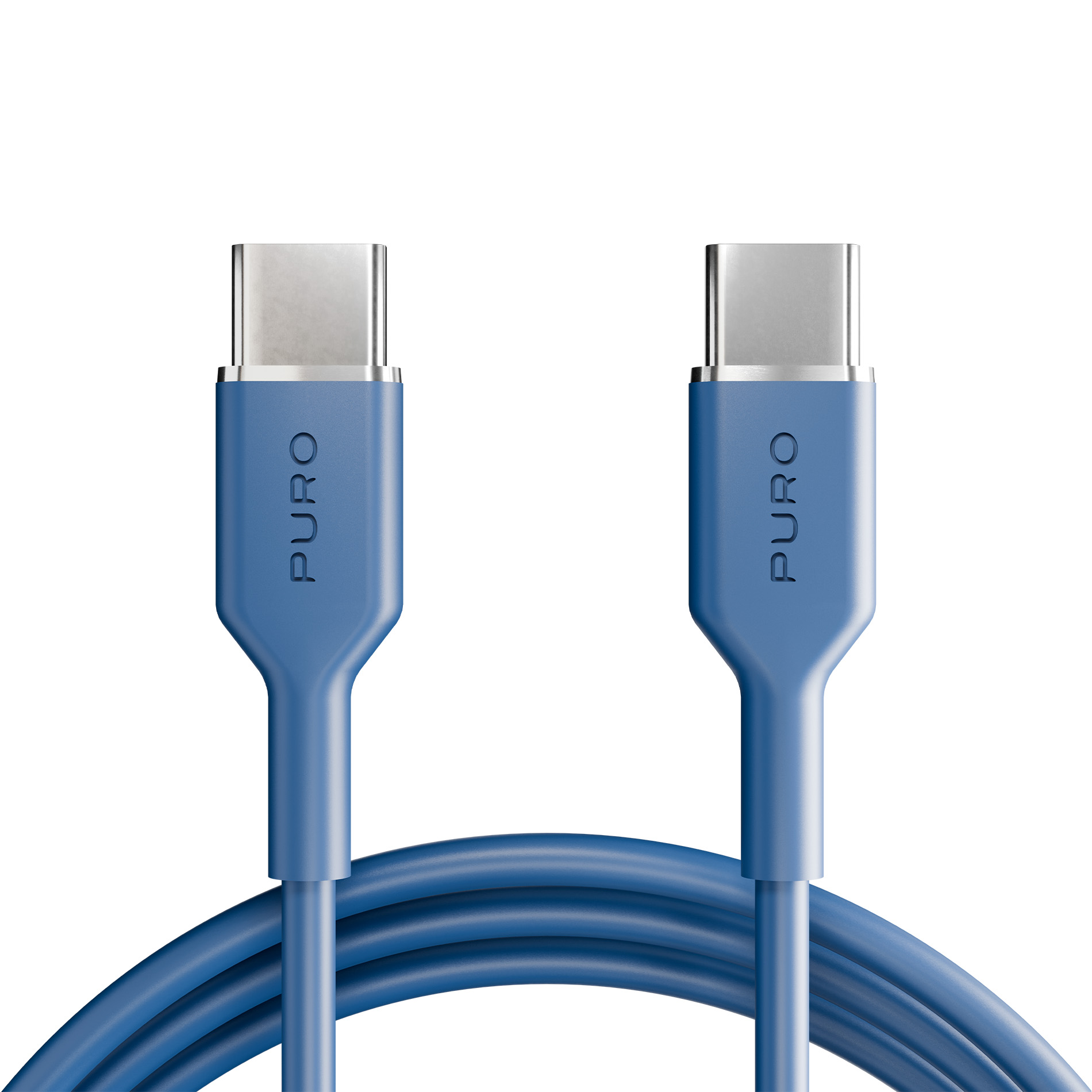 Dos conectores de cable USB-C azules de PURO sobre fondo blanco.