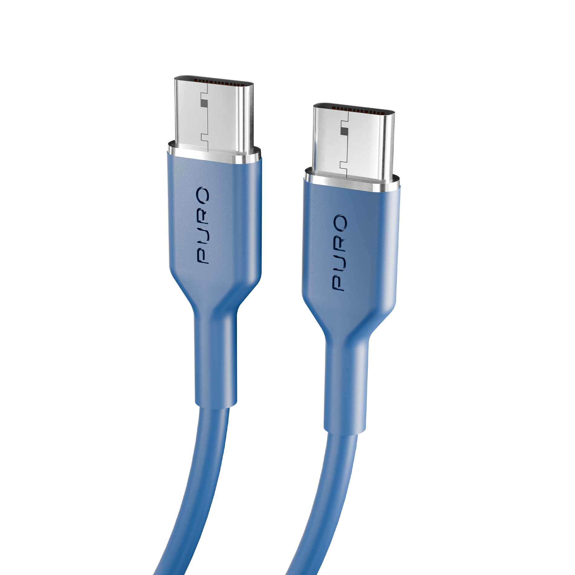 Dos cables USB azules con conectores metálicos y la marca PURO sobre fondo blanco.