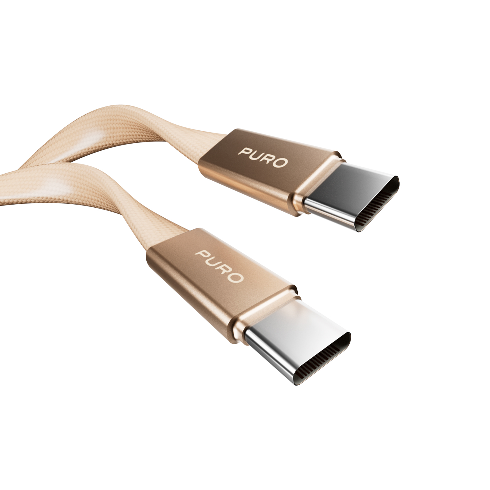 Dos cables USB-C de color dorado con cordones trenzados y el logotipo de PURO en los conectores metálicos, sobre fondo blanco.