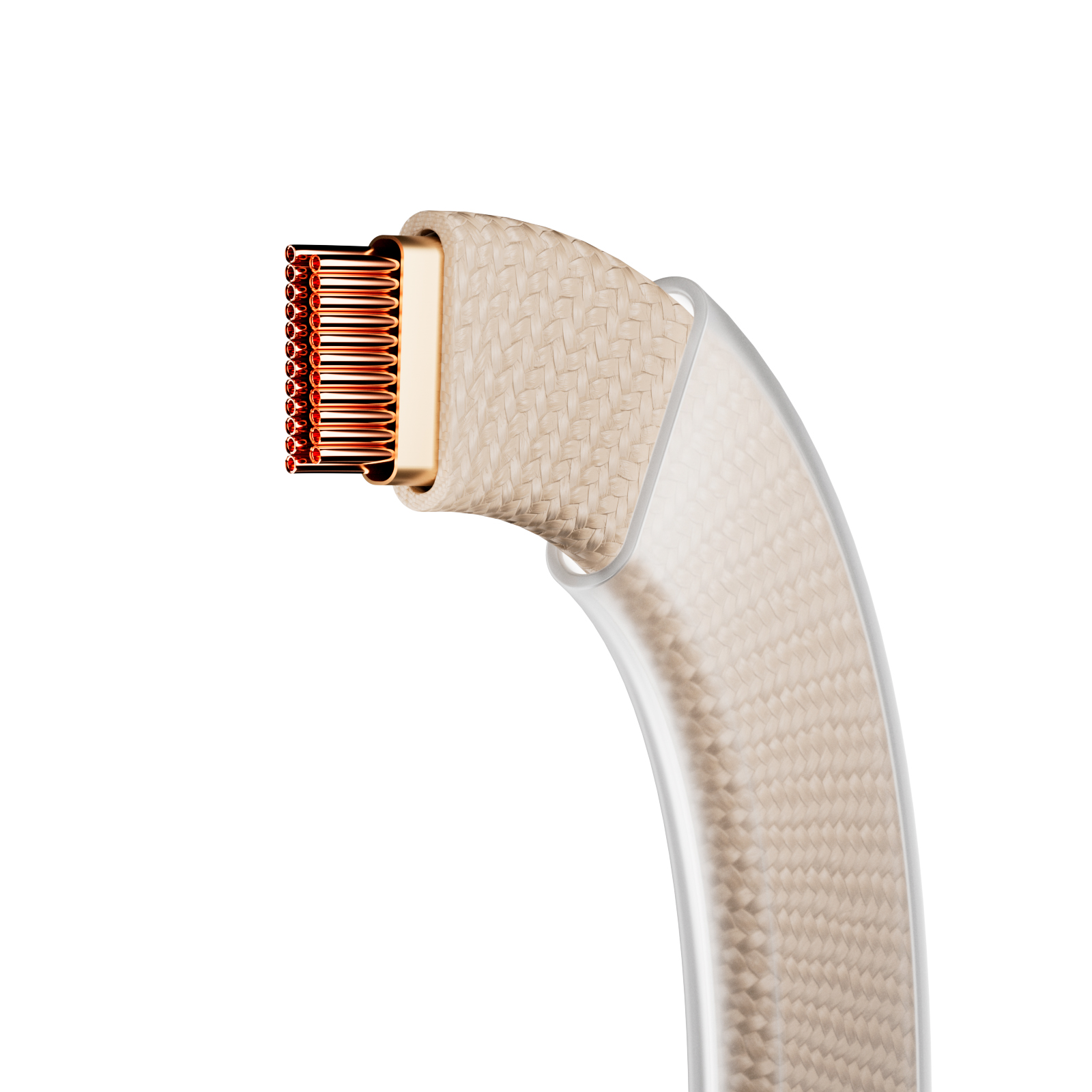 Una sección transversal de cable técnico con pines de cobre expuestos, rodeada por una funda trenzada y transparente.