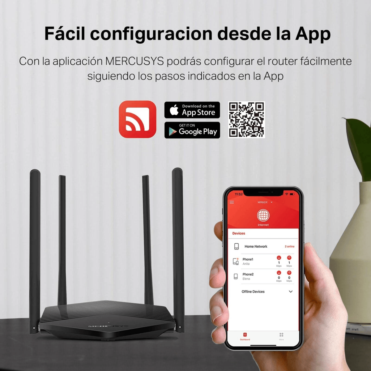 Configurazione semplice del router tramite app, con un router nero e uno smartphone in mano.
