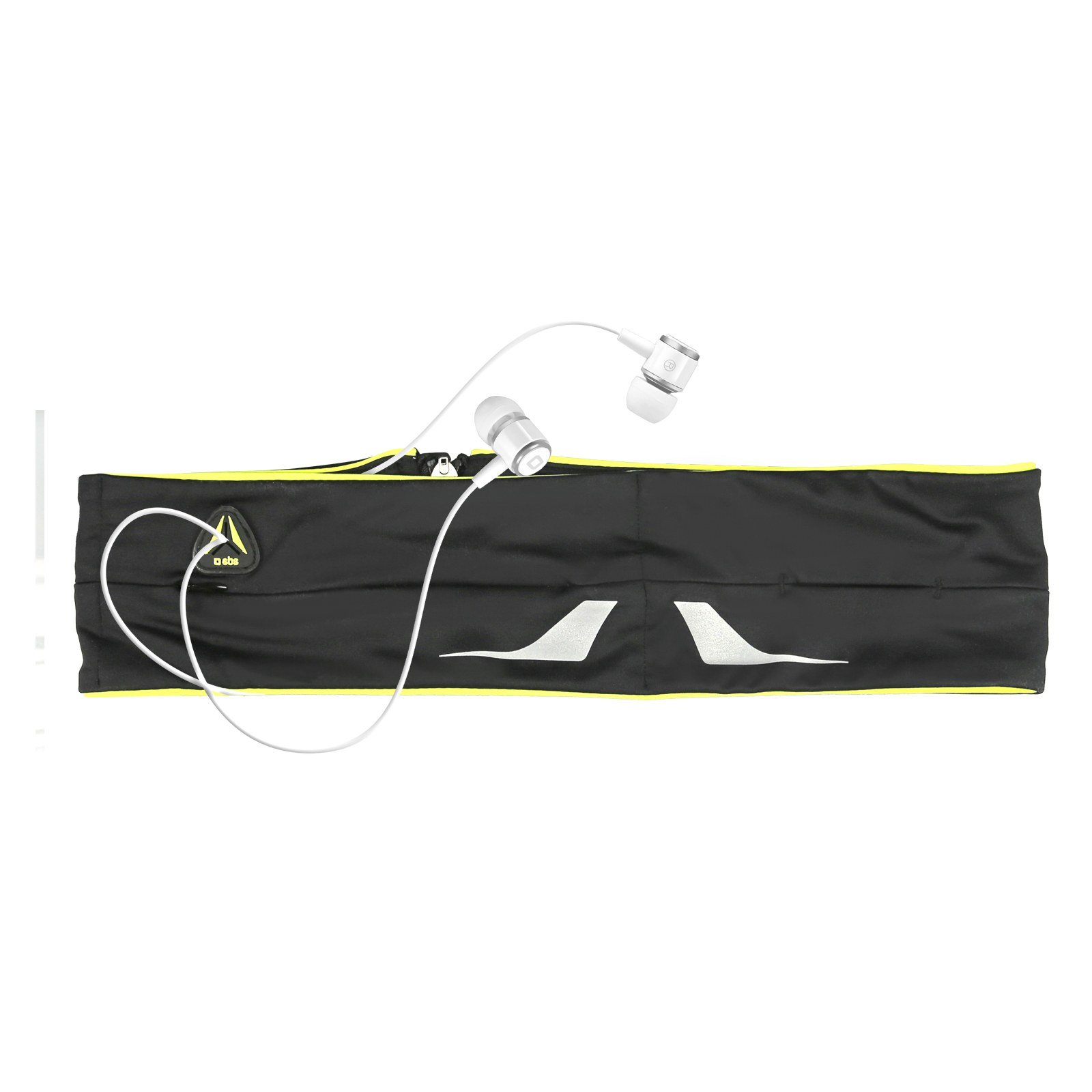 Un cinturón de running negro con ribete amarillo, detalles reflectantes y auriculares blancos.