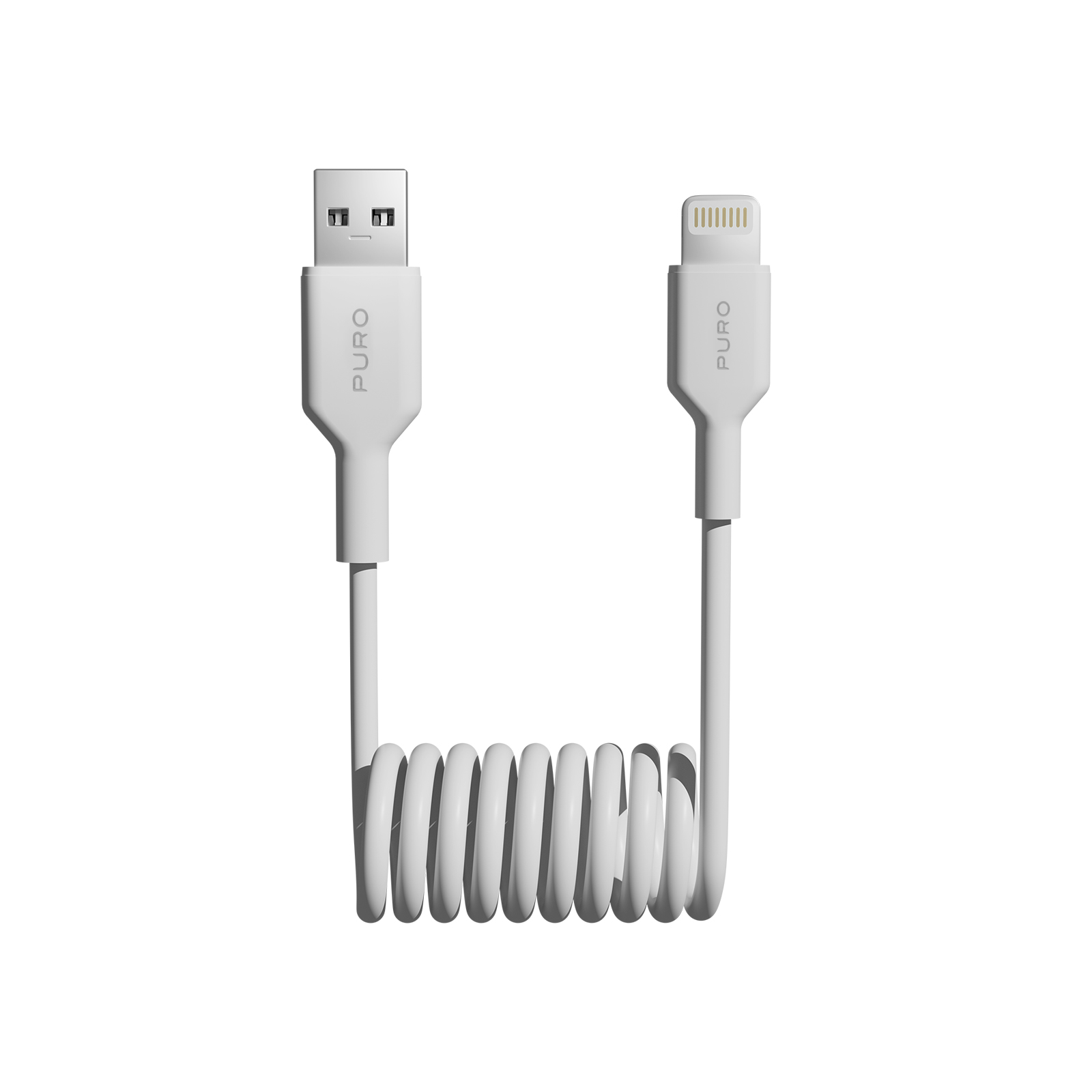 Un cable USB a Lightning en espiral blanca sobre un fondo blanco liso.