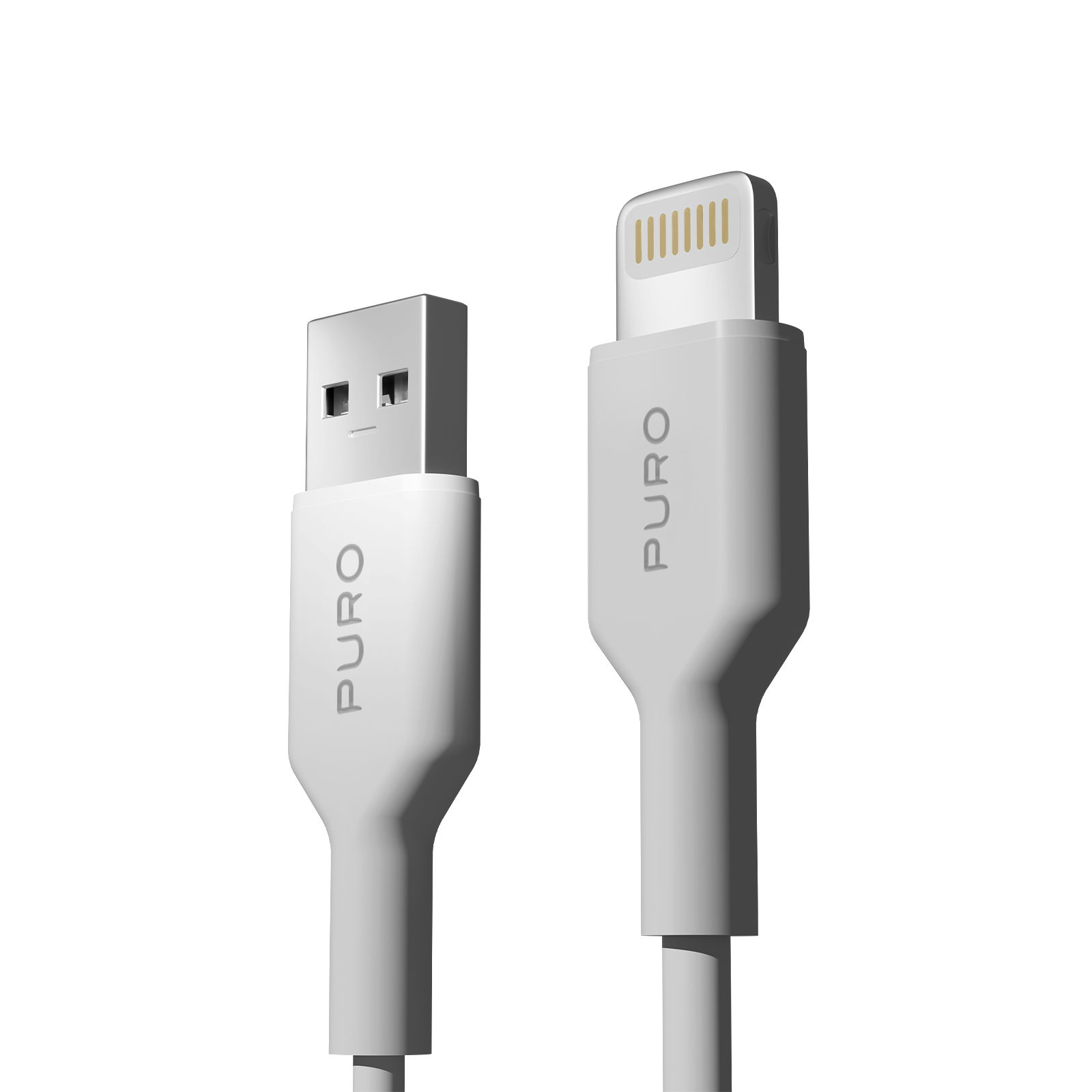 Dos cables blancos Puro con conectores USB-A y Lightning sobre un fondo blanco.
