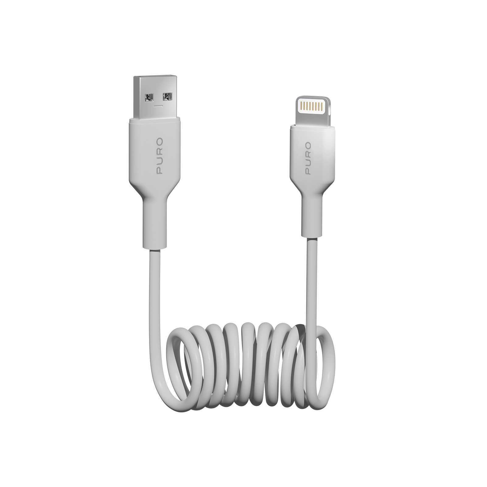 Un cable blanco en espiral de USB-A a Lightning sobre fondo blanco.