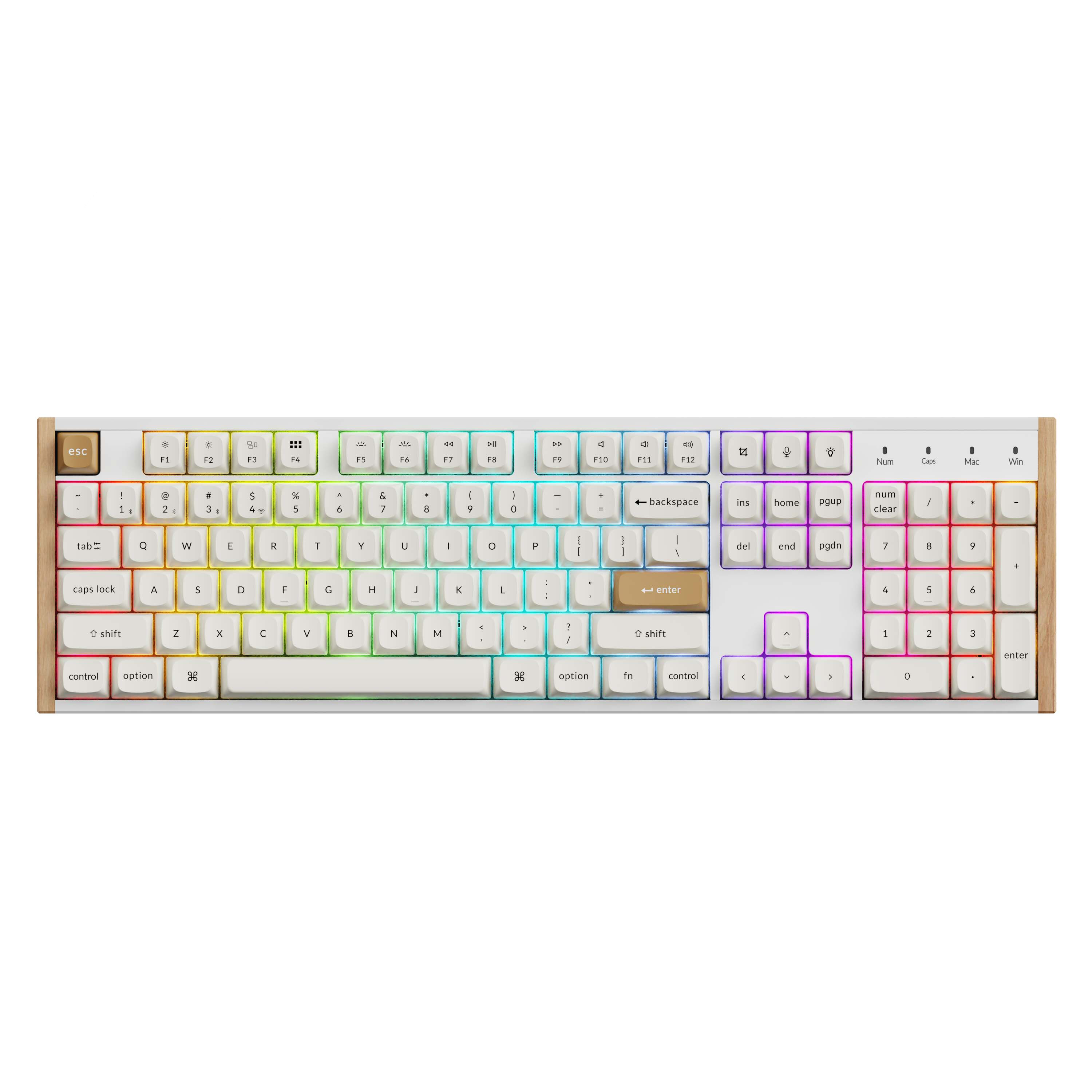 Biała klawiatura mechaniczna z podświetleniem RGB i brązowymi akcentami.