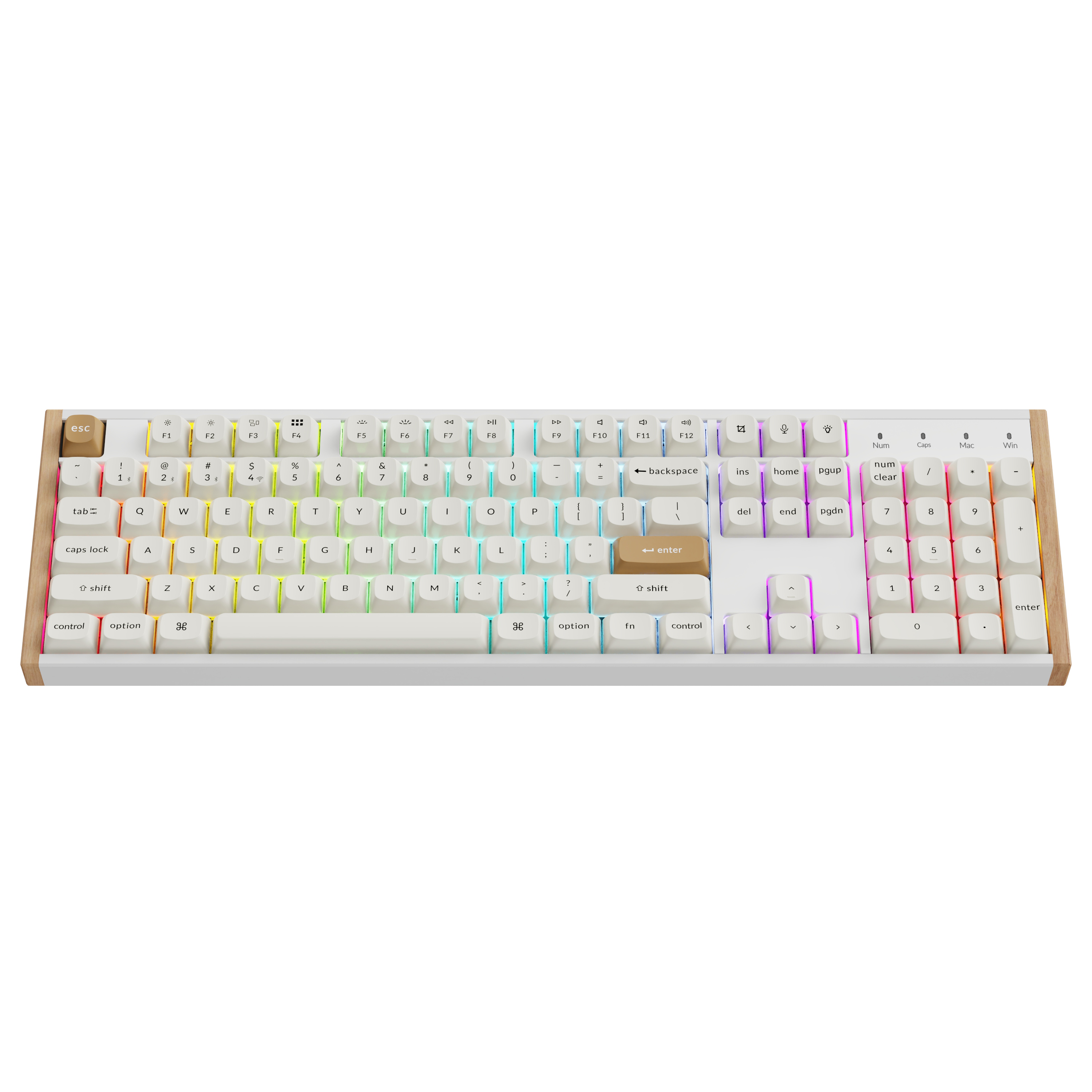 Biała klawiatura mechaniczna z drewnianymi akcentami bocznymi i podświetleniem RGB.