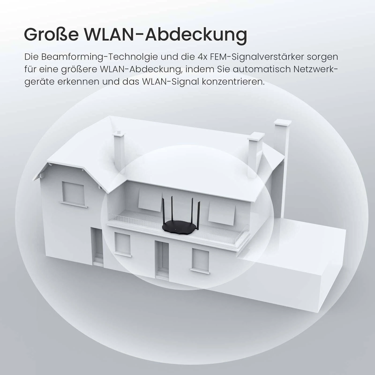 Un router nero su un balcone, con onde circolari sovrapposte che illustrano una grande copertura Wi-Fi.