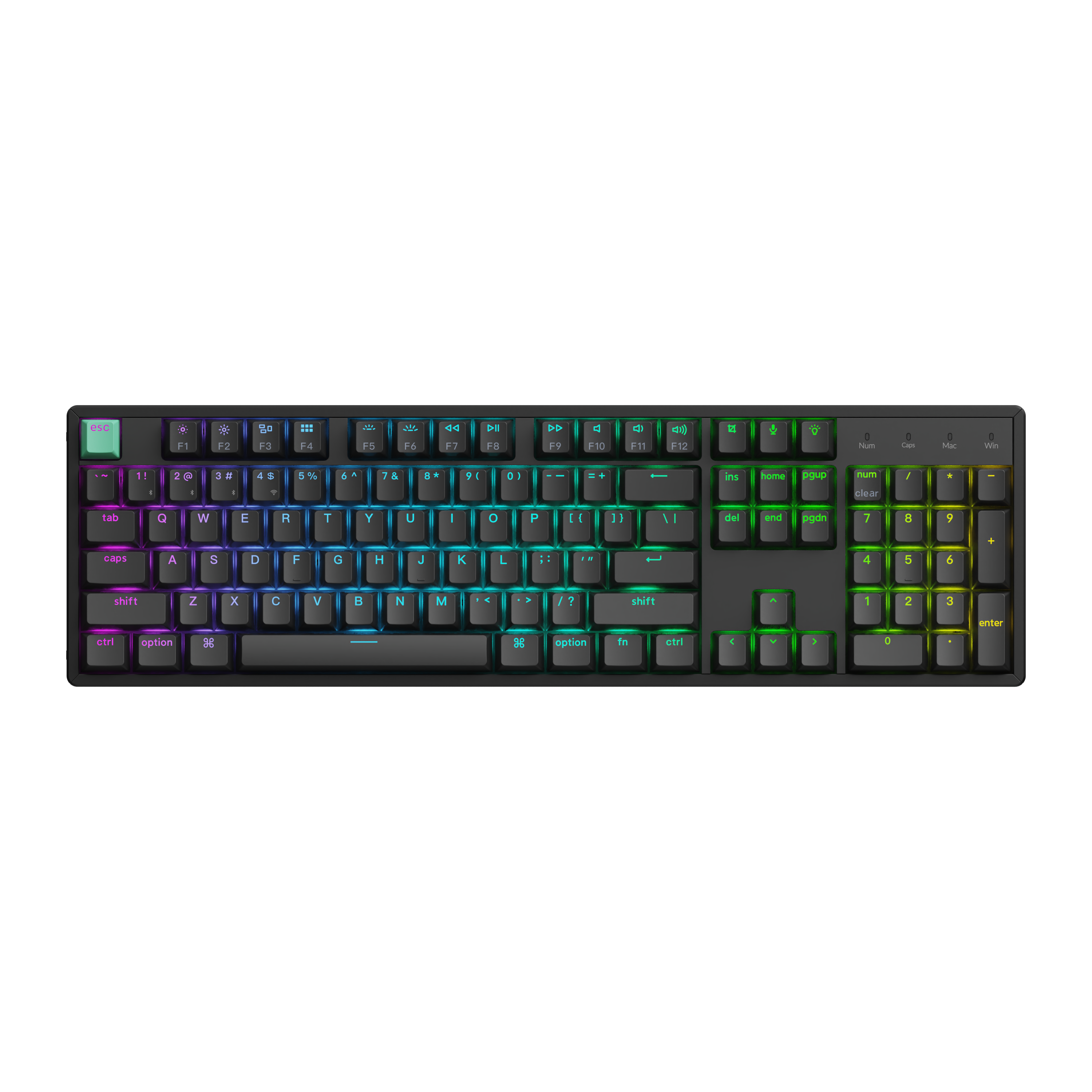 Czarna klawiatura mechaniczna z żywym podświetleniem RGB i panelem numerycznym, widziana z góry.