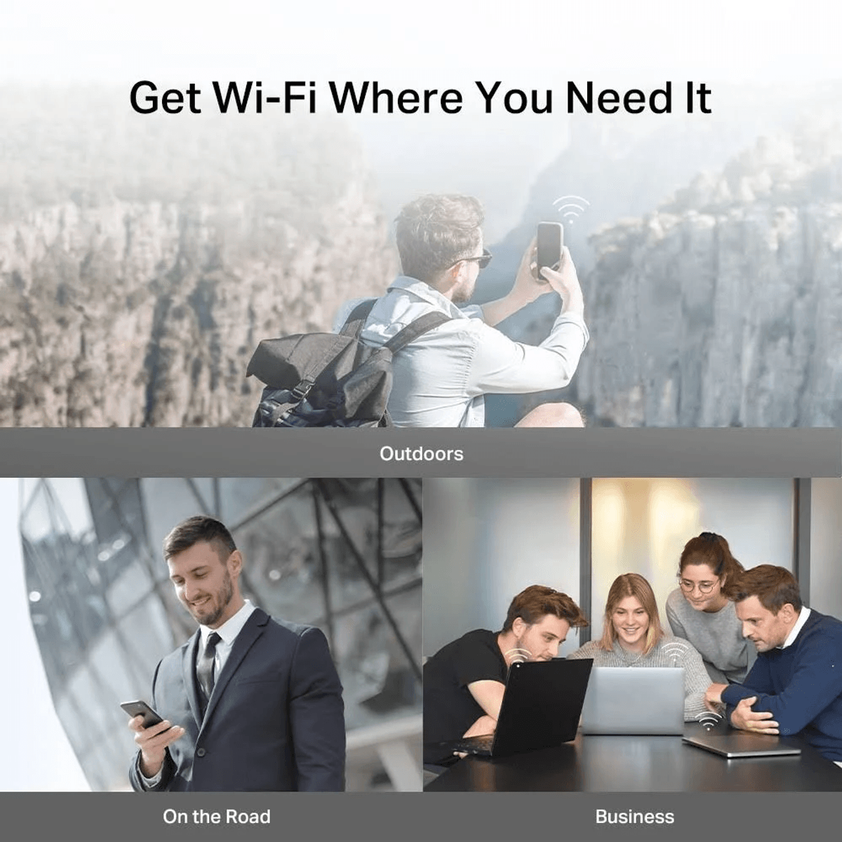 Annuncio Wi-Fi con tre scene: all'aperto in montagna, in viaggio in abito e in ufficio aziendale con laptop.