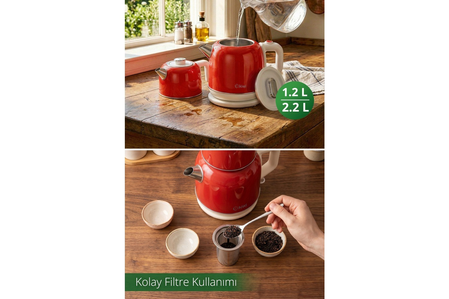 Ahşap masada kırmızı çay makinesi, su dolduruluyor, kaşıkla filtreye çay yaprakları ekleniyor.