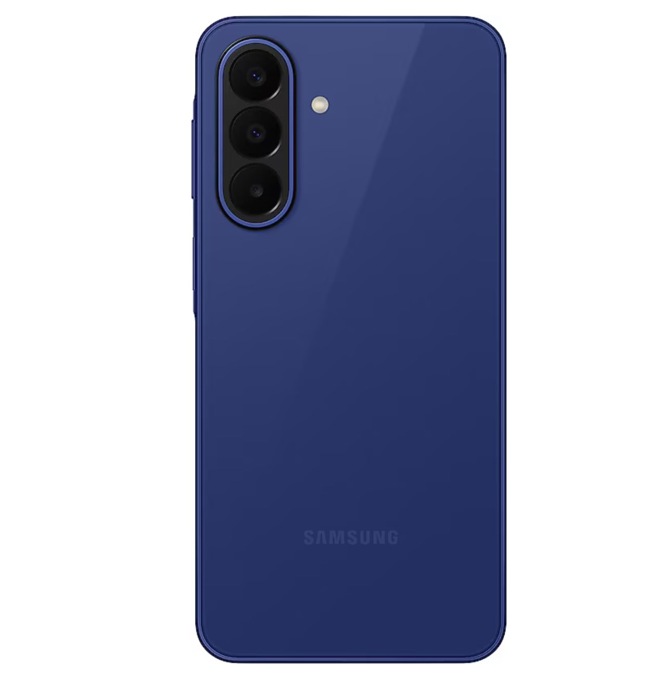 Arkadan görünen mavi Samsung akıllı telefon, üç dikey kamera ve Samsung logosu ile.