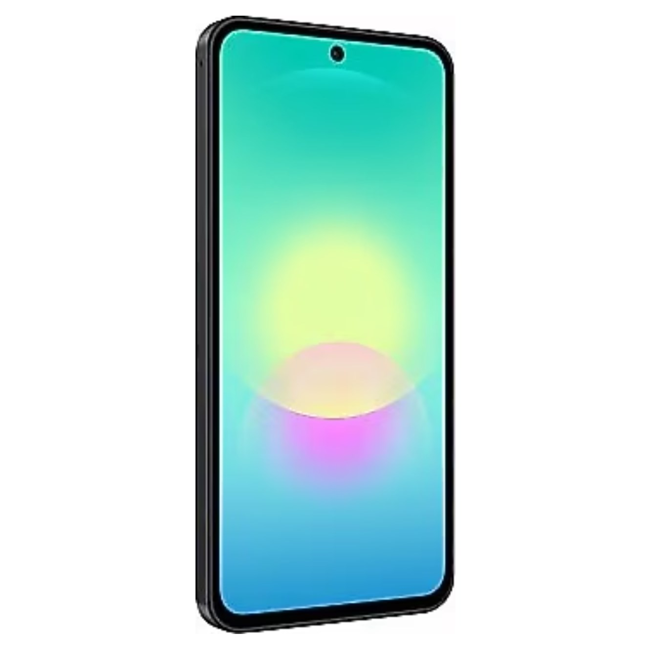 Ekranında renkli soyut bir arka plan olan, yuvarlatılmış köşeli siyah bir akıllı telefon.