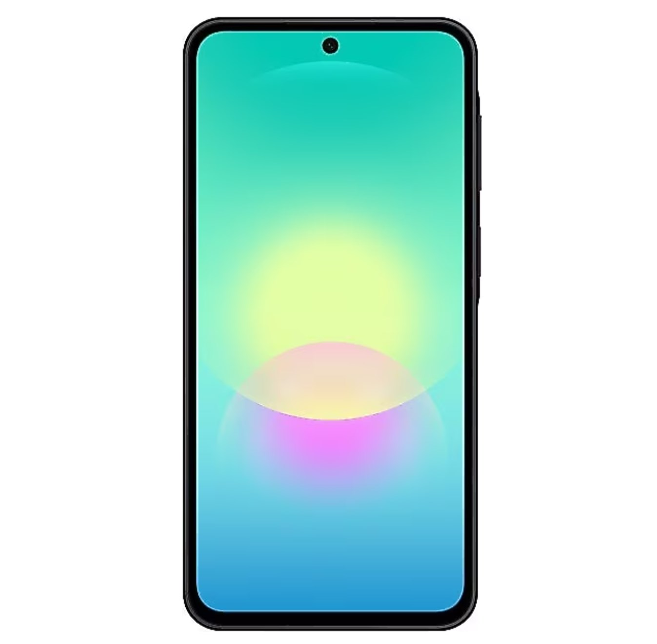 Açık mavi, sarı ve pembe geçişli ekrana sahip siyah akıllı telefon.