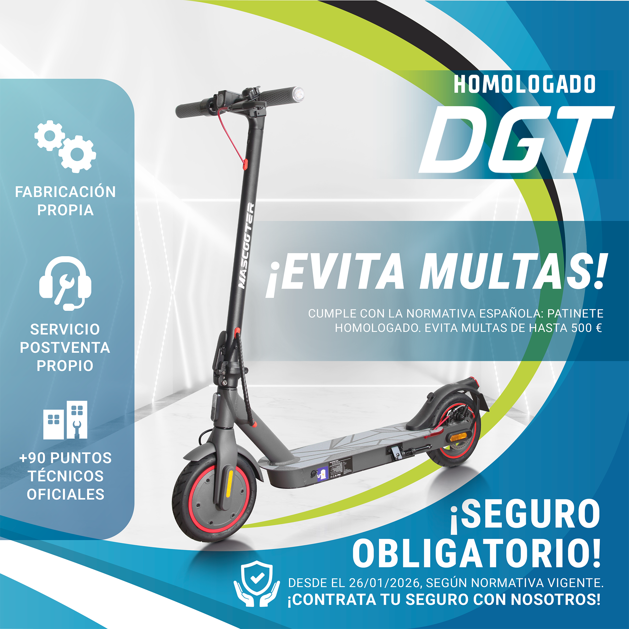 Un patinete eléctrico gris sobre fondo promocional con texto en español sobre normativas de la DGT y seguro.