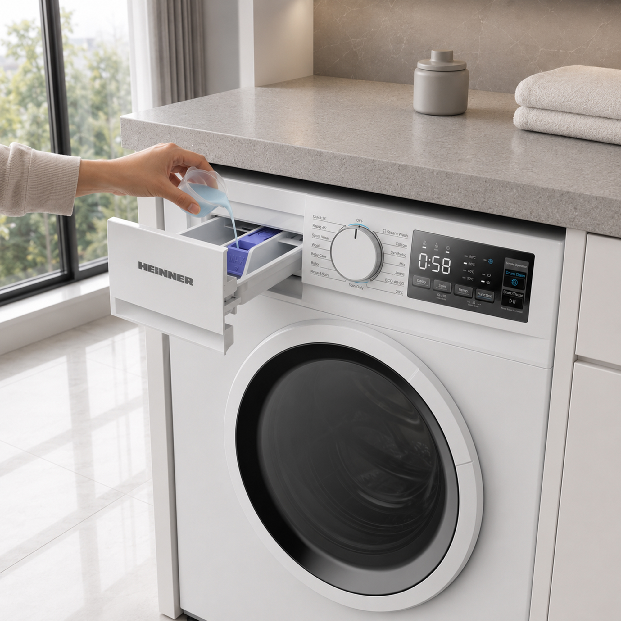 Een hand giet blauw vloeibaar wasmiddel in de open lade van een witte Heinner wasmachine.
