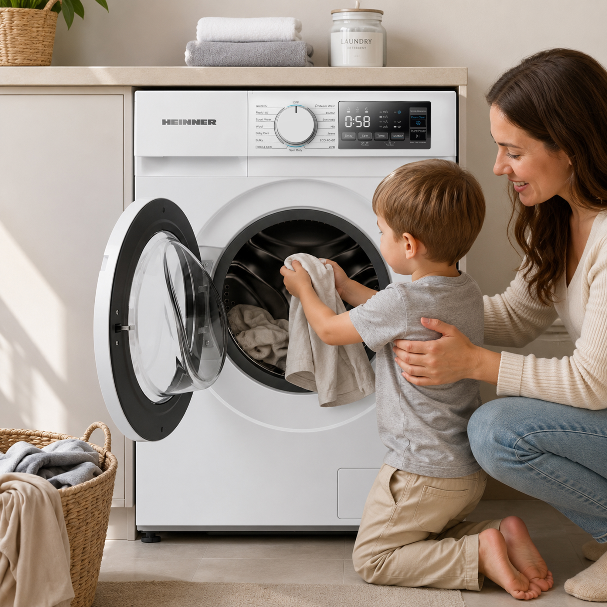 Une mère sourit pendant que son enfant charge du linge dans le lave-linge.