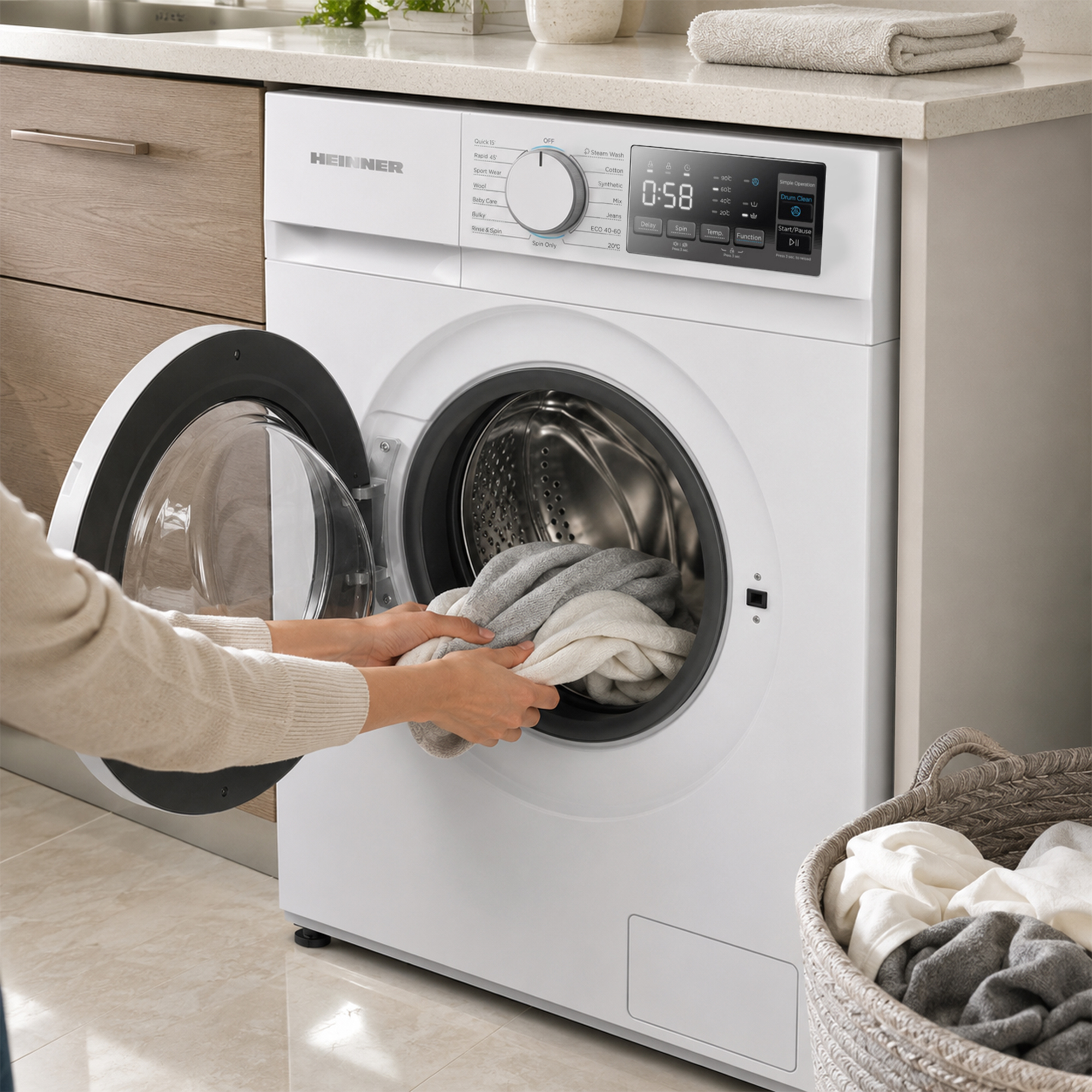 Une personne charge du linge dans le tambour ouvert d'un lave-linge blanc Heinner sous un plan de travail en bois.