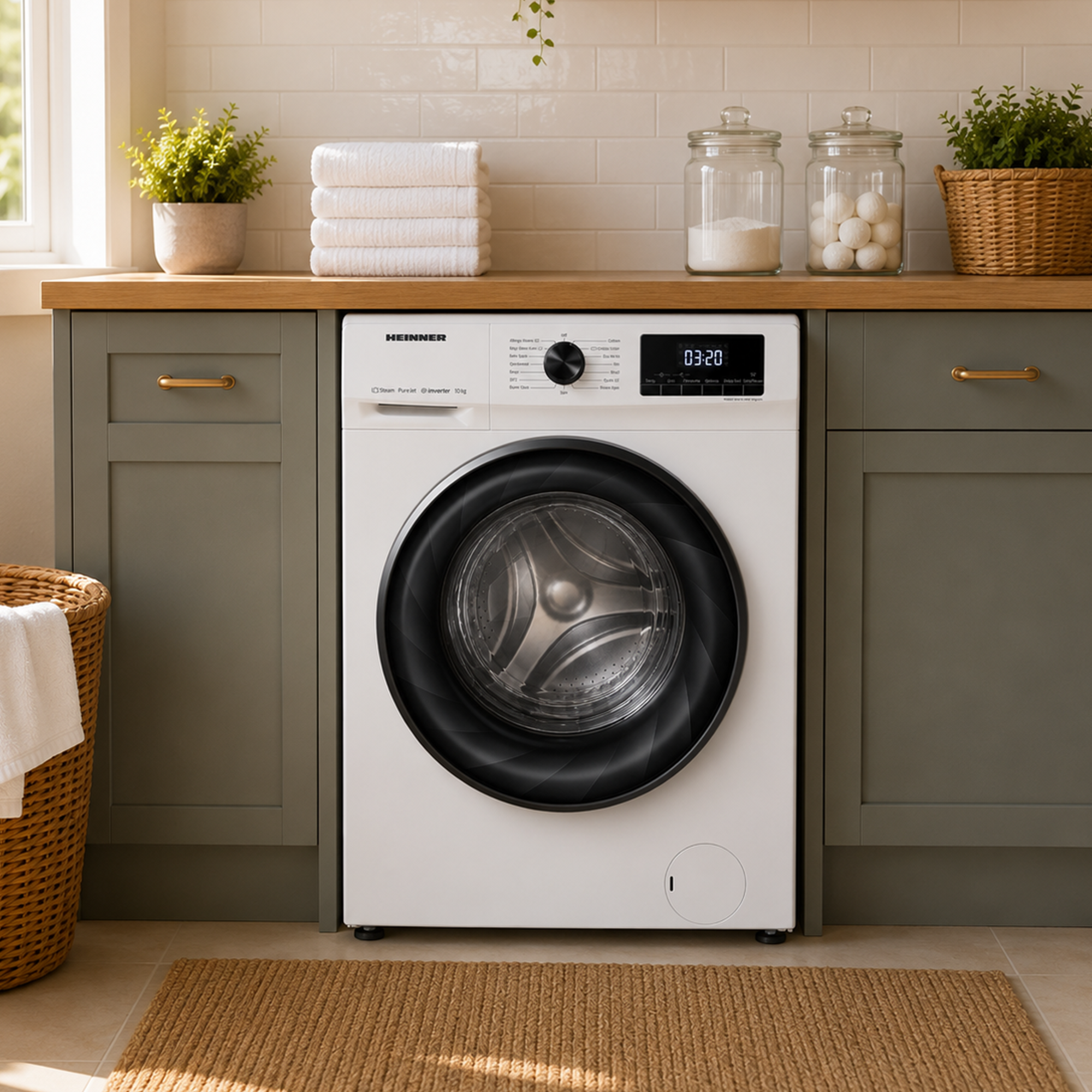 Un lave-linge blanc est centré dans une cuisine avec des placards verts, un plan de travail en bois et des bocaux.