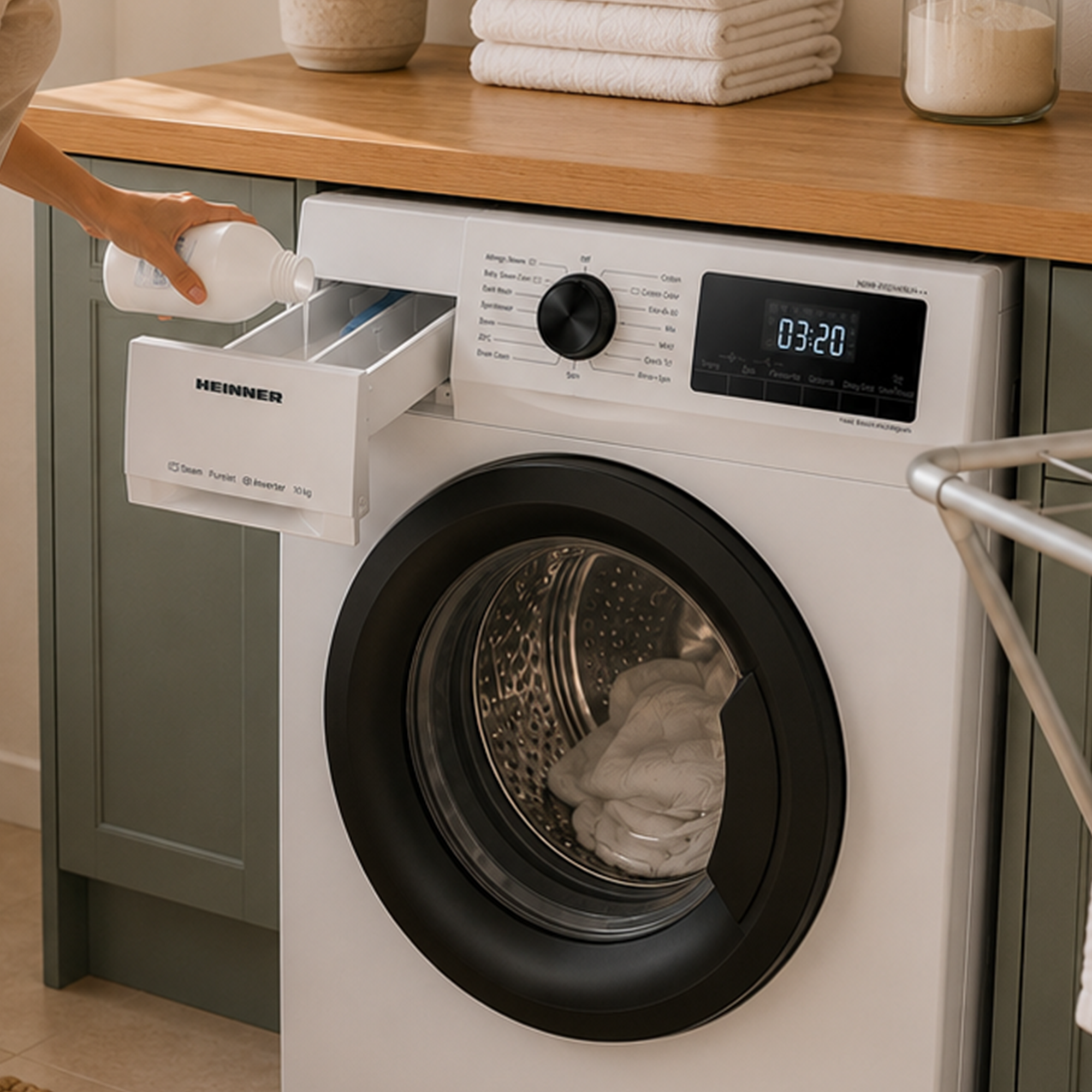 Une main verse de la lessive dans le tiroir ouvert d'un lave-linge blanc moderne.