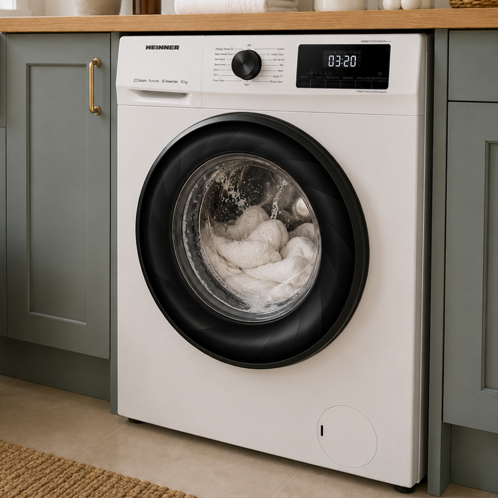 Un lave-linge blanc avec une porte noire en marche dans une cuisine verte.
