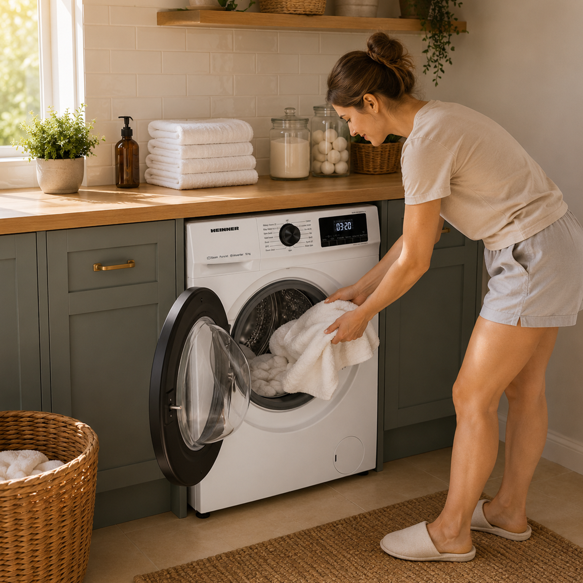 Une femme en vêtements clairs met du linge blanc dans un lave-linge dans une cuisine.