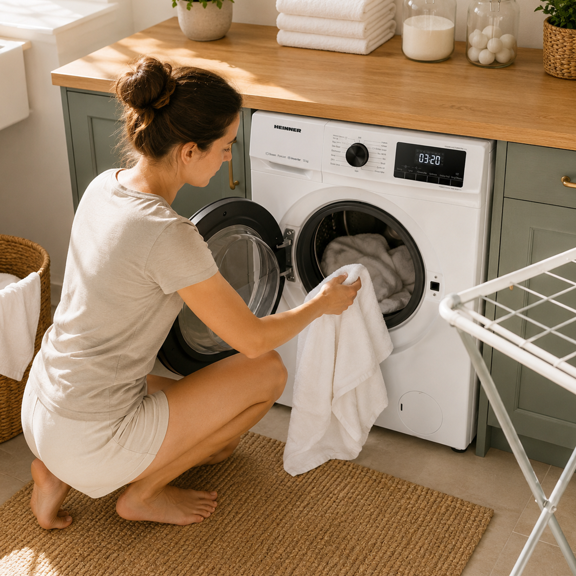Une femme s'agenouille devant un lave-linge blanc en sortant une serviette.