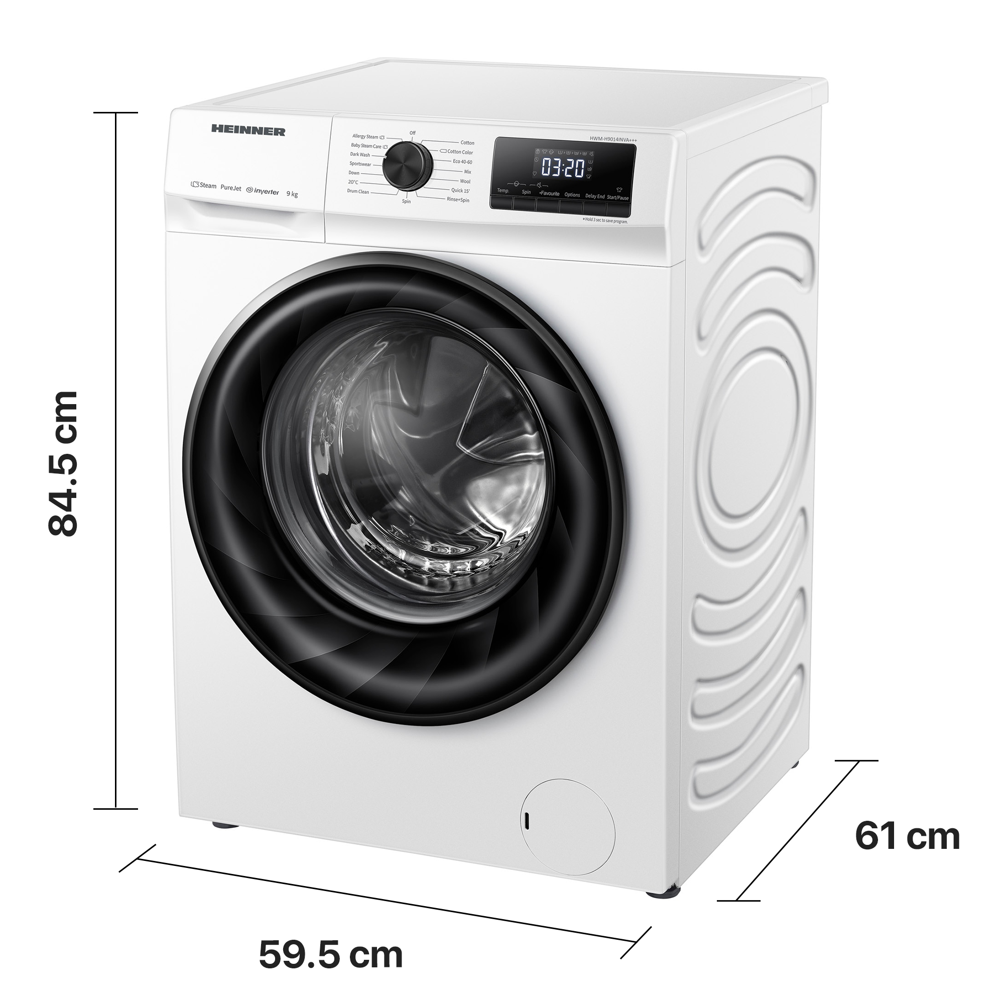 Lave-linge blanc Heinner aux dimensions 84.5x59.5x61 cm.