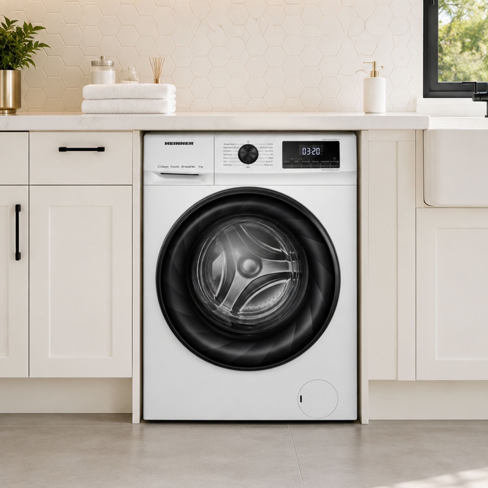 Un lave-linge blanc installé sous un plan de travail de cuisine, entouré de placards blancs.