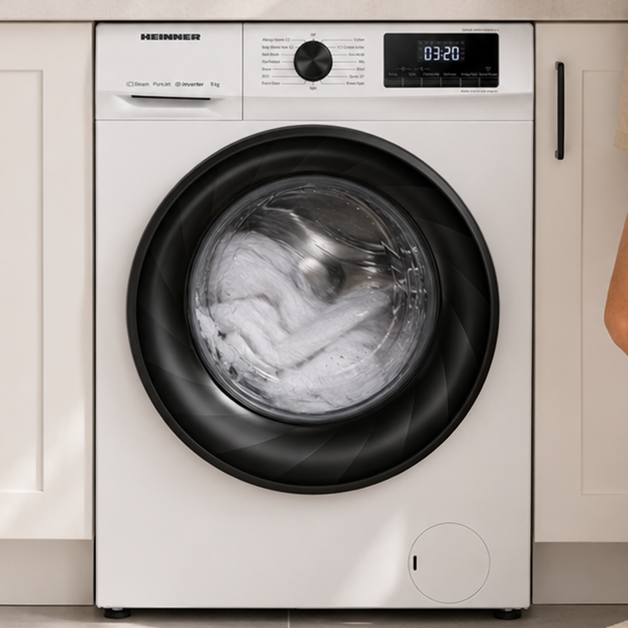 Un lave-linge blanc Heinner avec hublot noir et du linge blanc à l'intérieur, placé entre des meubles de cuisine.