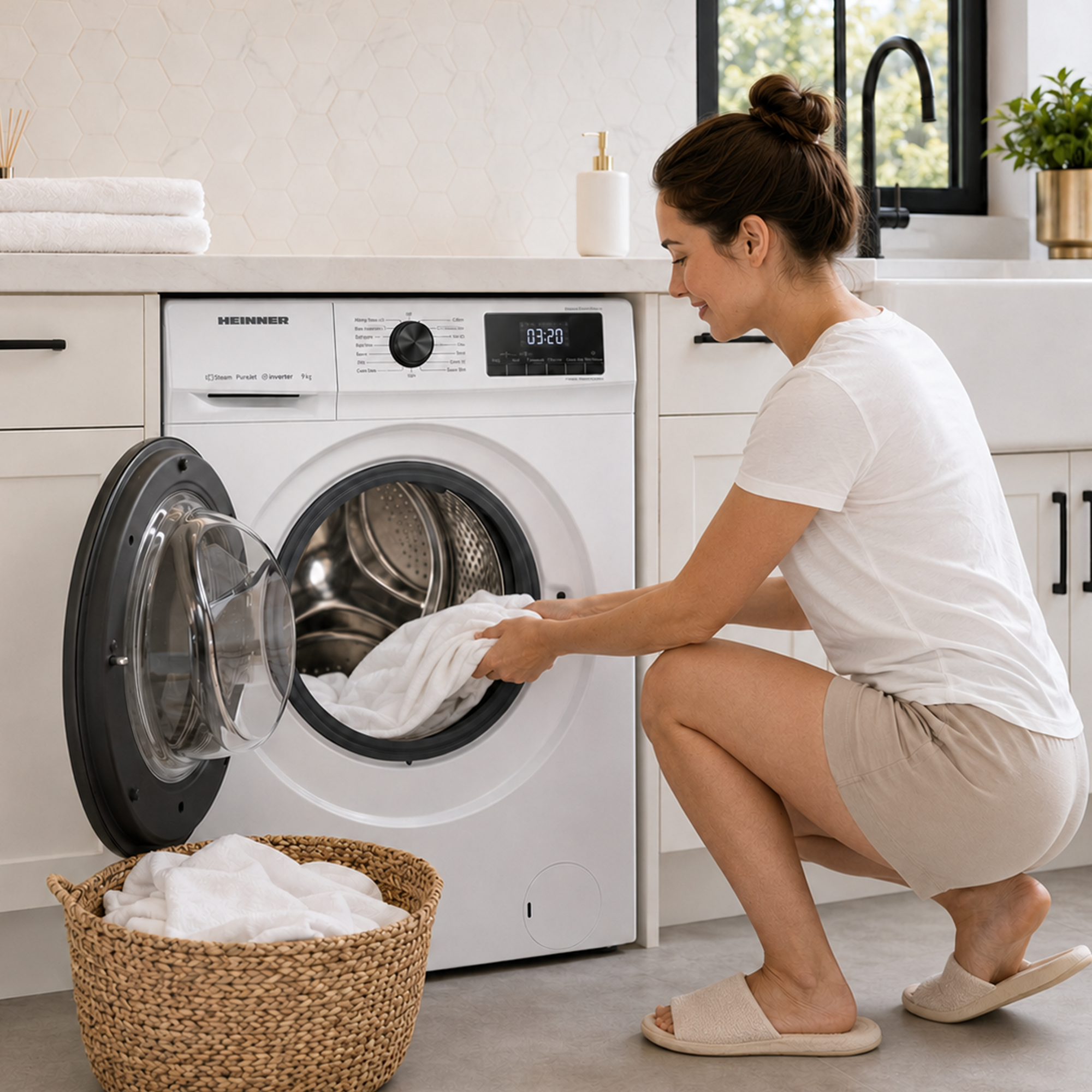 Une femme en t-shirt blanc met du linge blanc dans un lave-linge moderne.