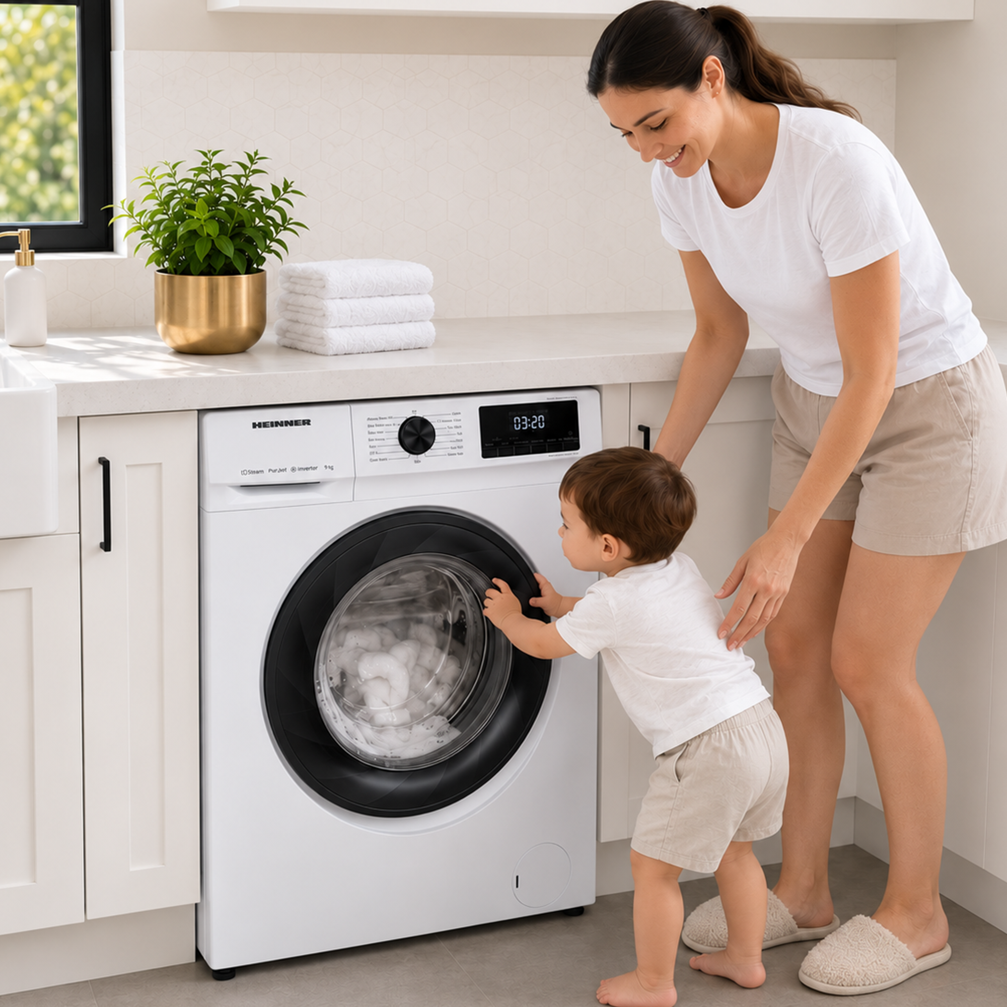 Une femme et un petit garçon jouent près d'un lave-linge dans une cuisine lumineuse.