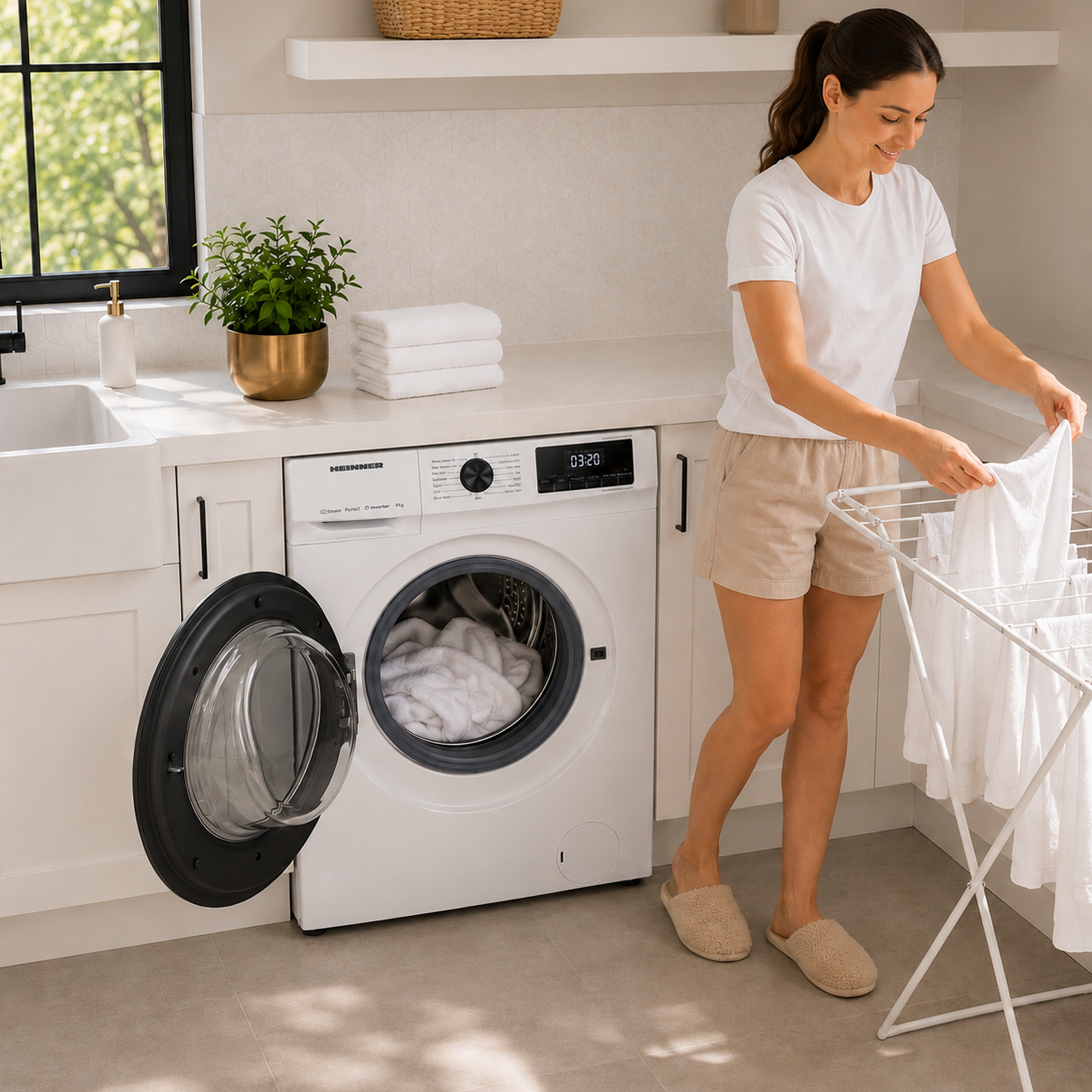 Une femme souriante étend du linge blanc sur un séchoir près d'un lave-linge dans une cuisine.