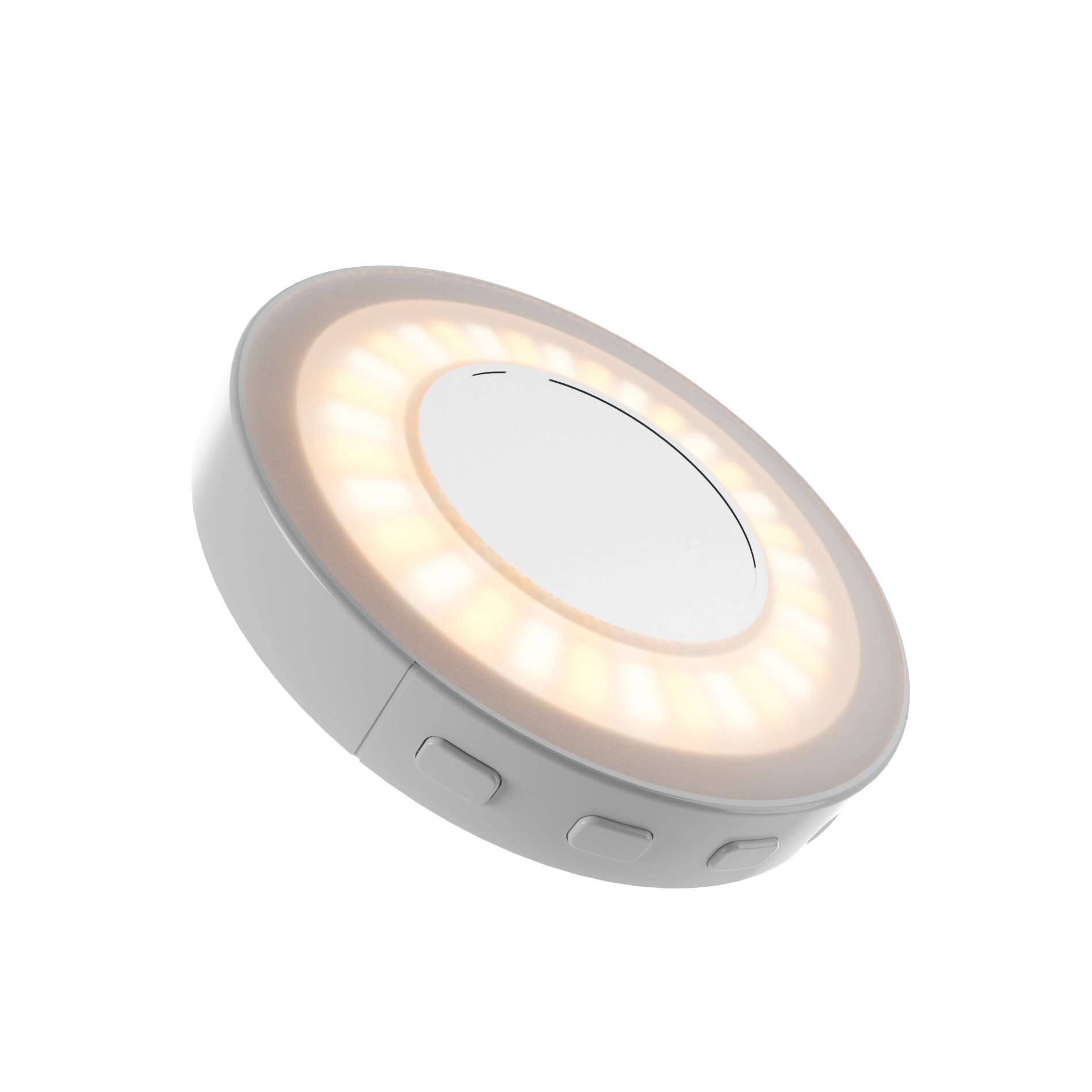 Luz LED blanca redonda con anillo brillante y tres botones laterales sobre fondo blanco.