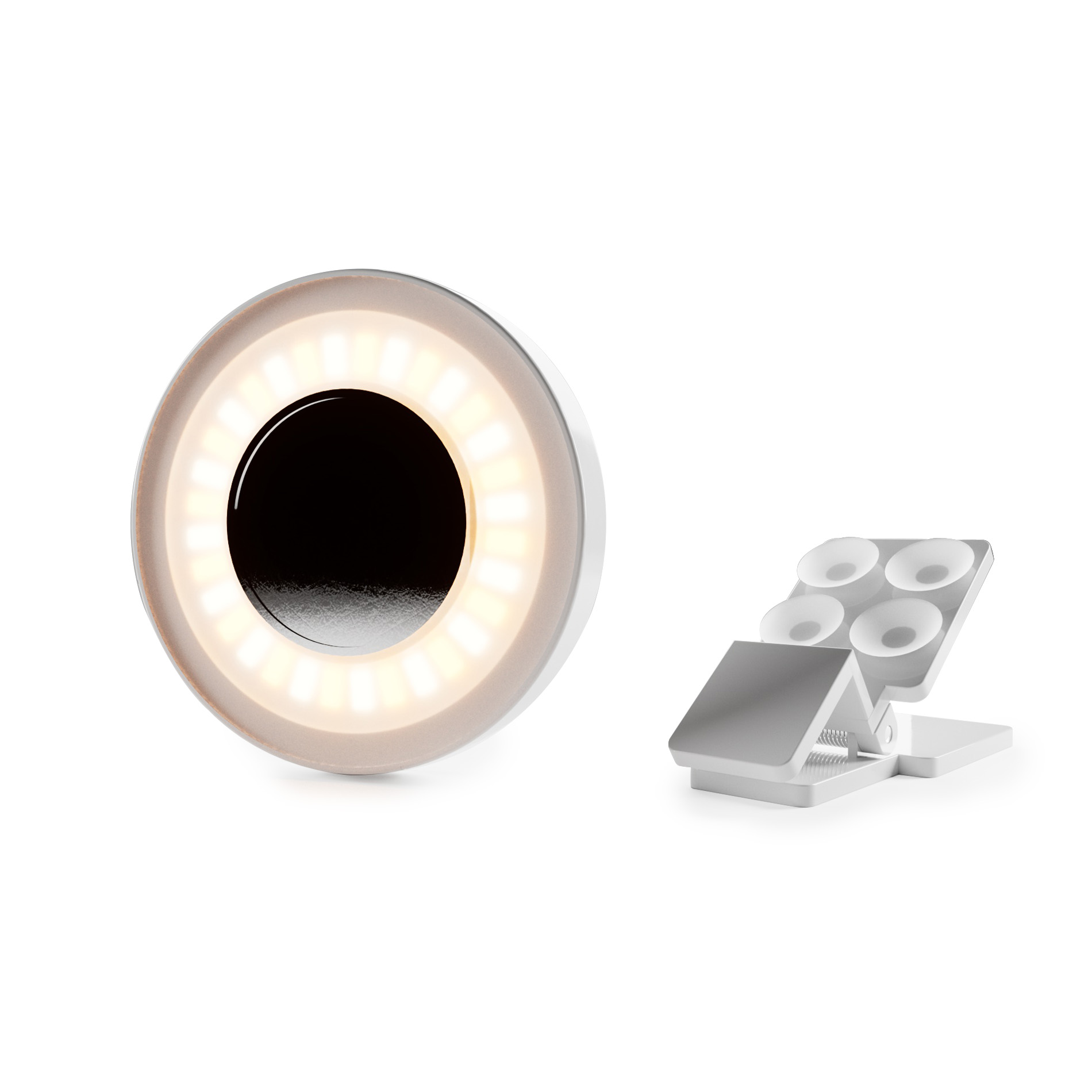 Anillo LED redondo iluminado con centro negro y un soporte blanco independiente con ventosas sobre fondo blanco.