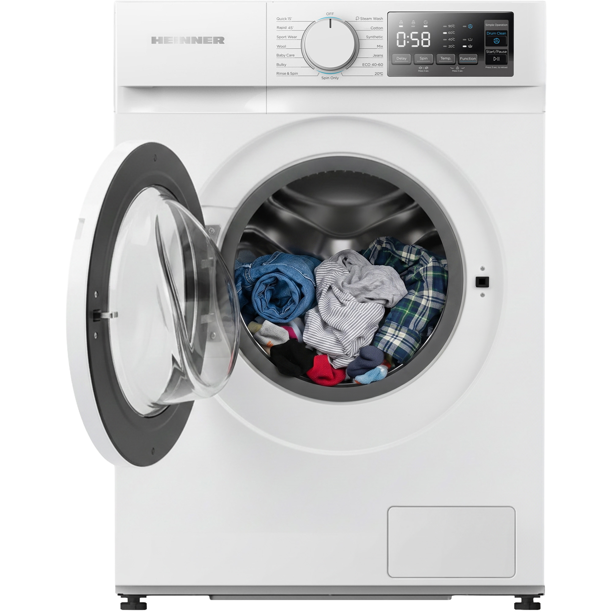 Un lave-linge blanc avec la porte ouverte et du linge coloré dans le tambour.