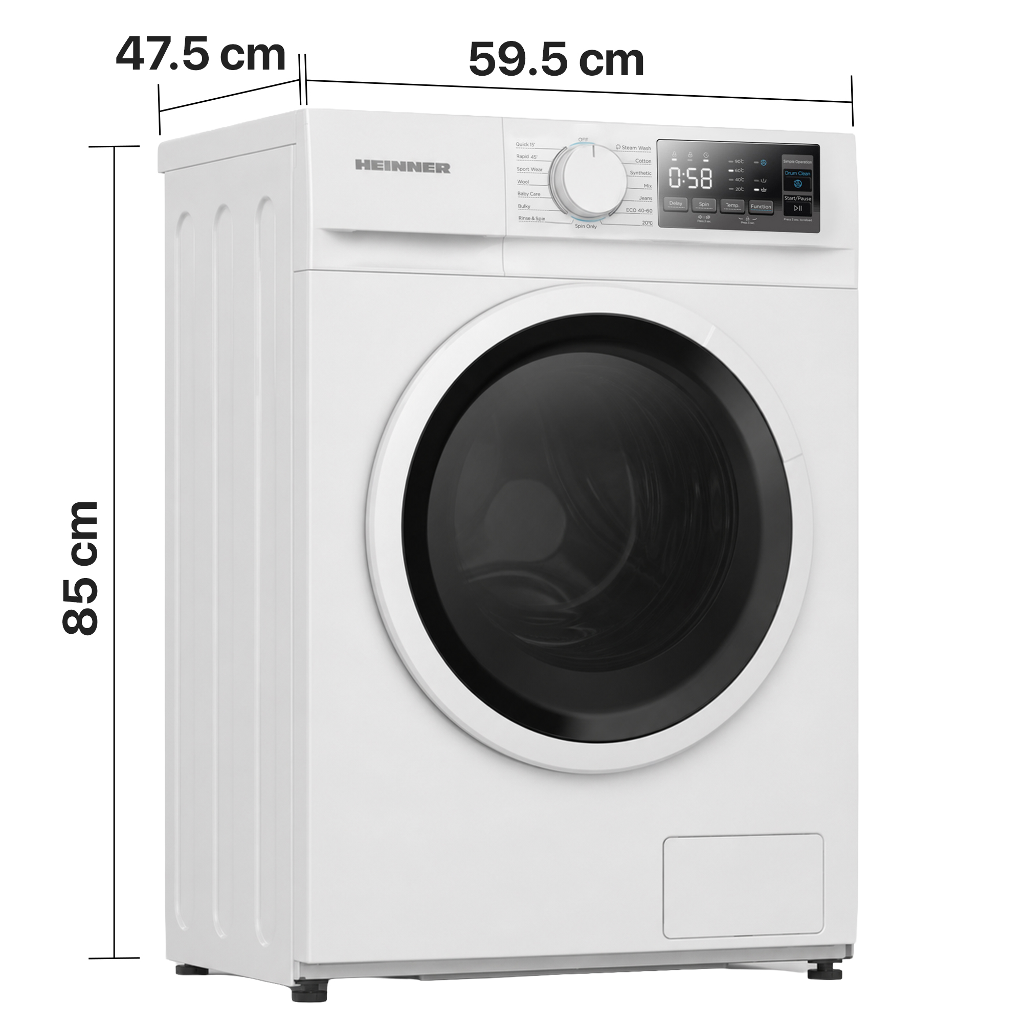 Lave-linge blanc Heinner avec dimensions : 85 cm de hauteur, 59,5 cm de largeur, 47,5 cm de profondeur.