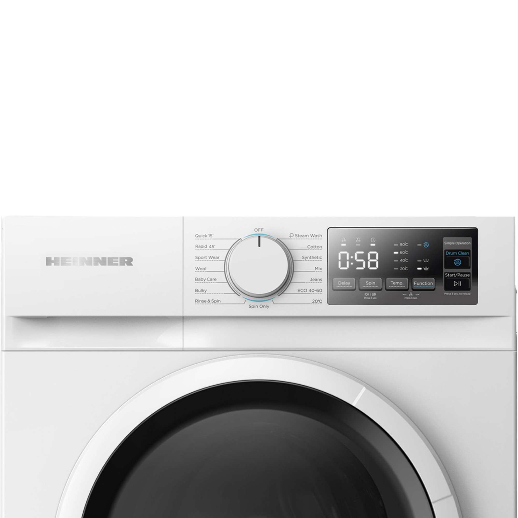 Panneau de commande d'un lave-linge blanc Heinner avec bouton rotatif et affichage numérique.