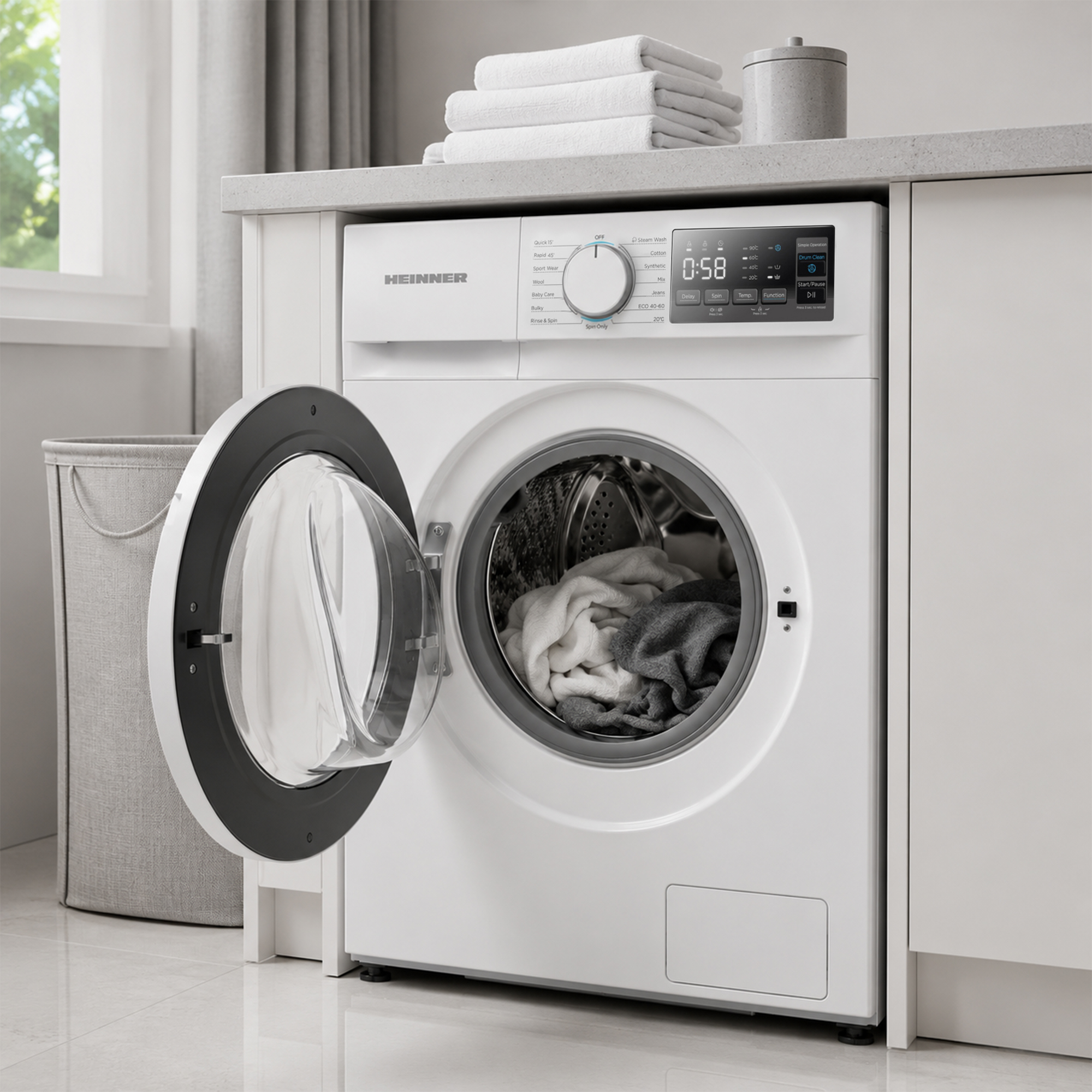Un lave-linge blanc avec une porte ouverte dans une cuisine, rempli de linge avec des serviettes pliées dessus.