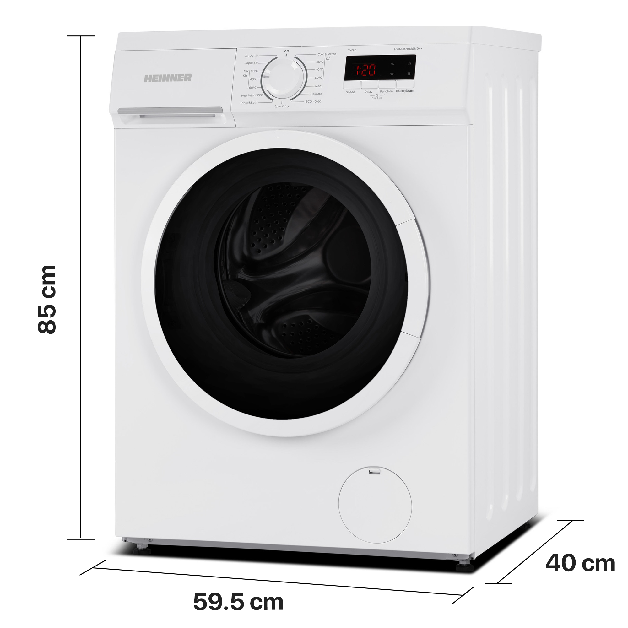 Een witte Heinner wasmachine met afmetingen: 85 cm hoog, 59,5 cm breed en 40 cm diep.