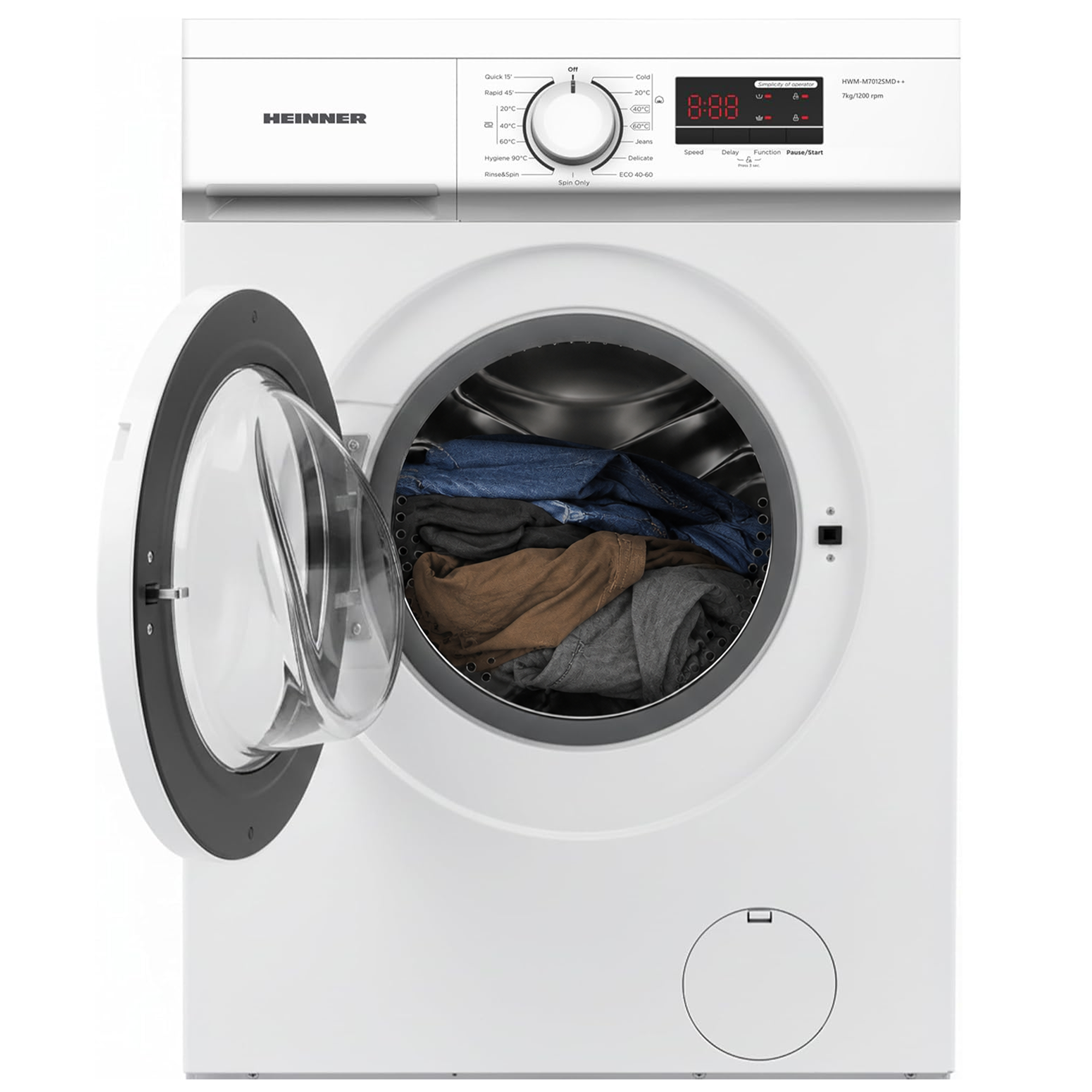 Een witte Heinner wasmachine met een open deur, gevuld met kleurrijke was.