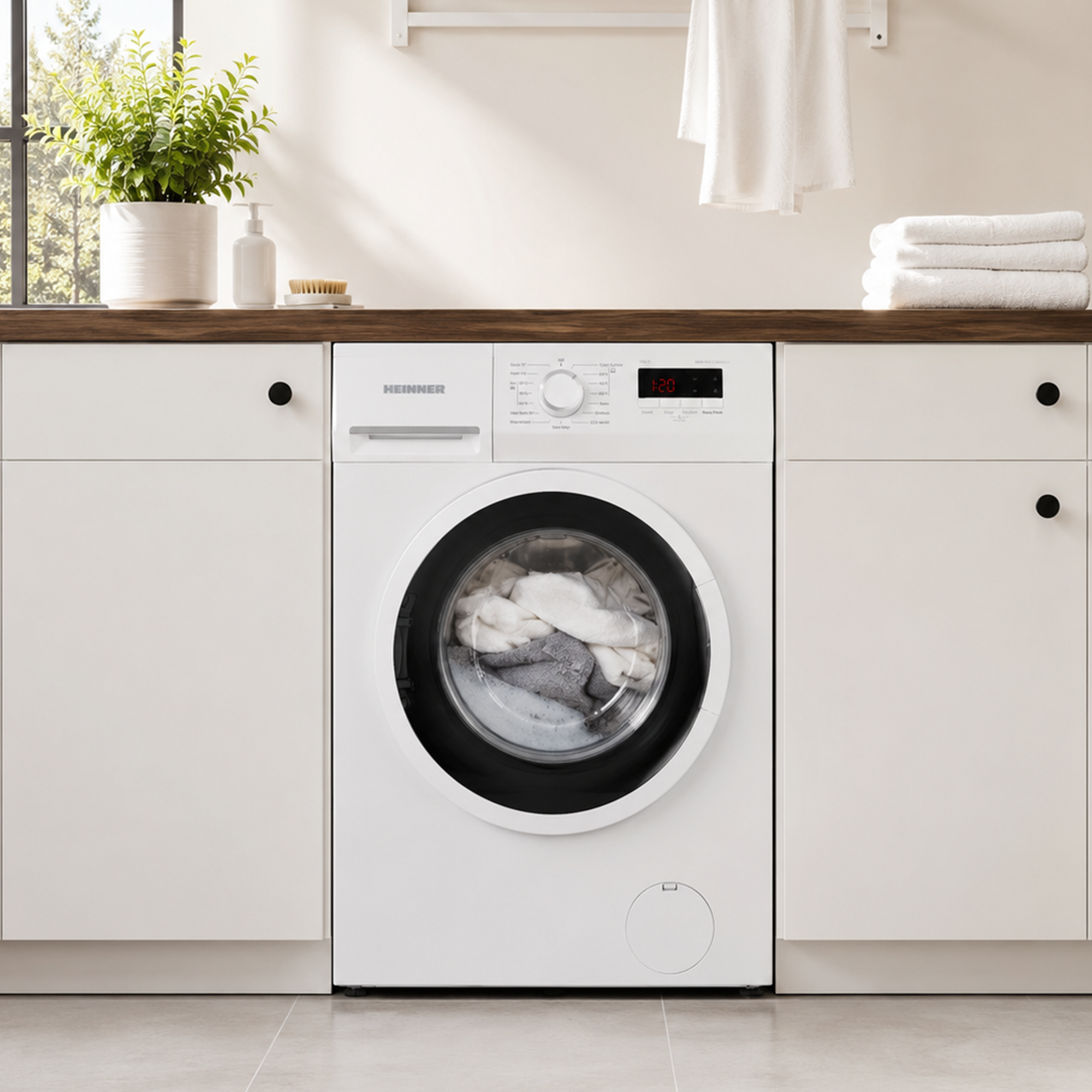 Een witte voorlader wasmachine staat onder een houten blad met plant en handdoeken.