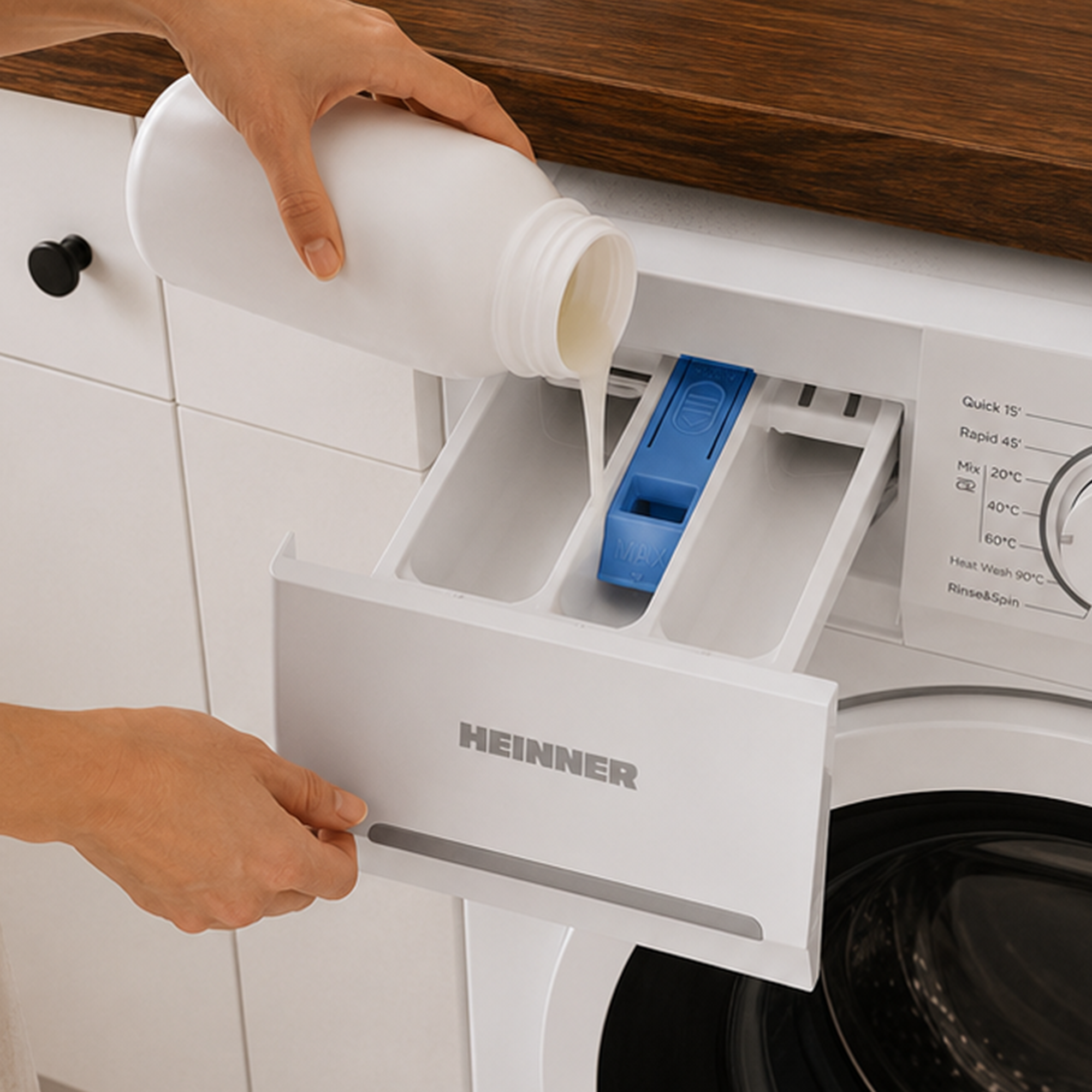 Iemand giet vloeibaar wasmiddel uit een witte fles in de open lade van een witte wasmachine.