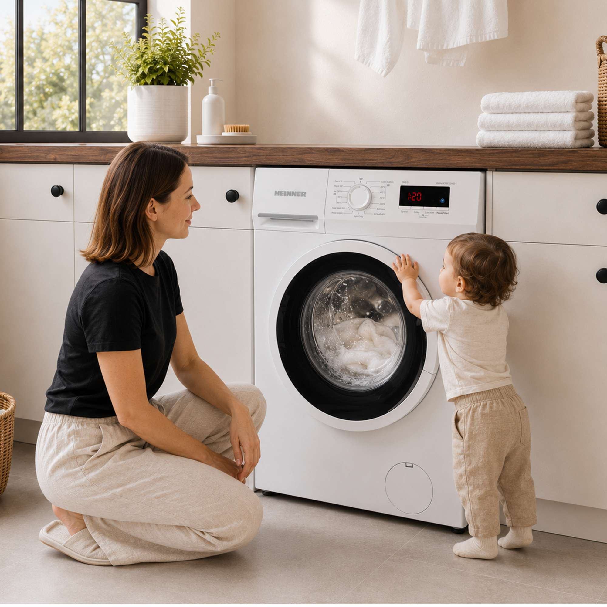 Een vrouw knielt naast een wasmachine terwijl haar peuter nieuwsgierig naar binnen kijkt.