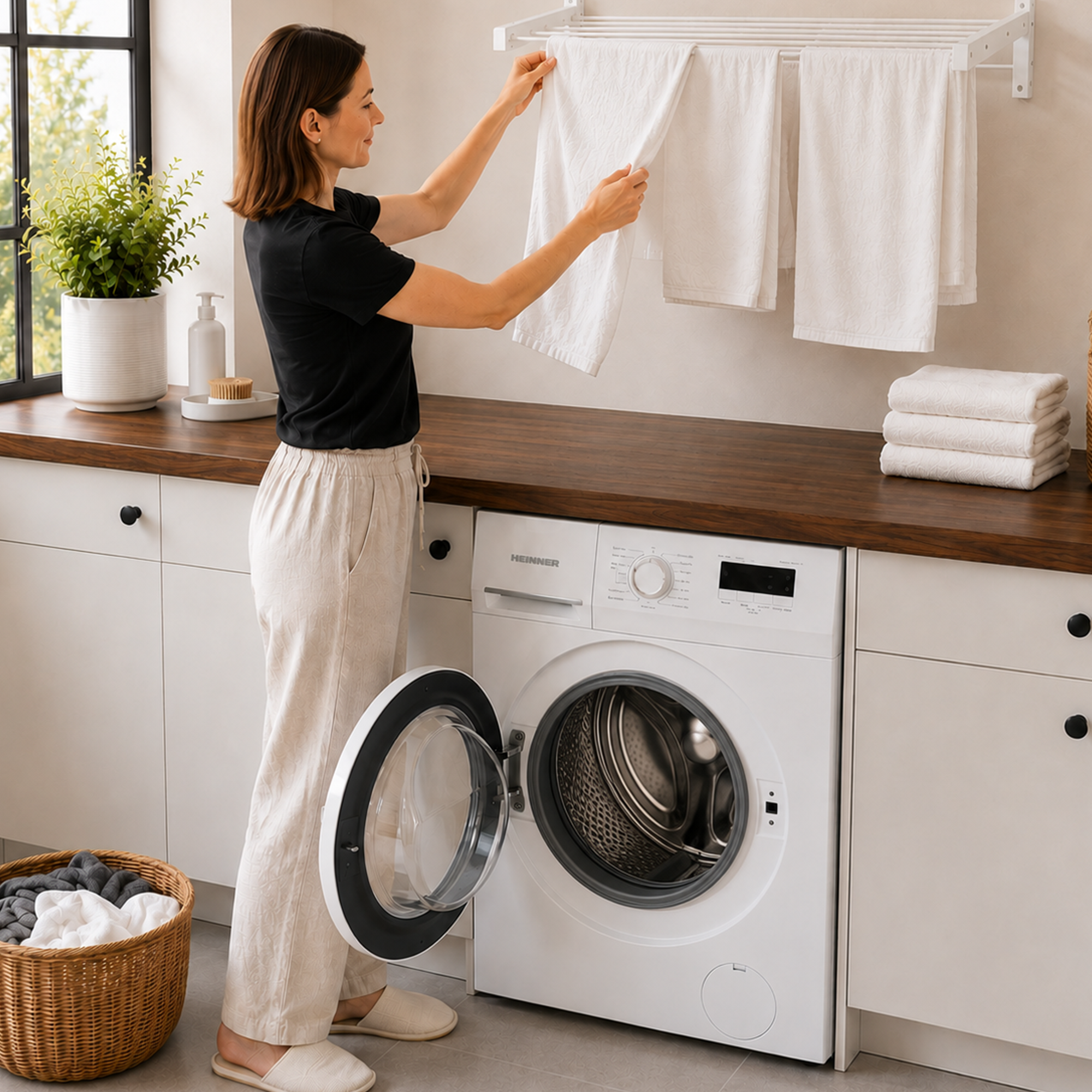 Een vrouw in een zwart shirt hangt witte handdoeken op boven een wasmachine.