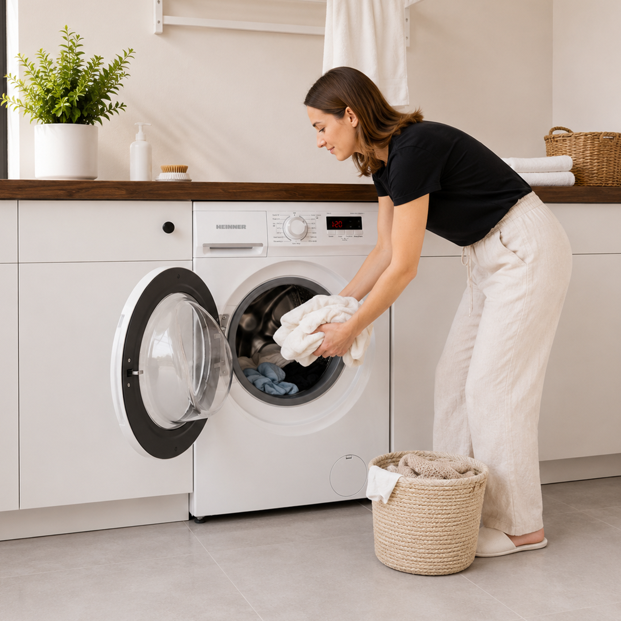 Een vrouw met een zwart shirt en beige broek laadt was in een witte wasmachine.