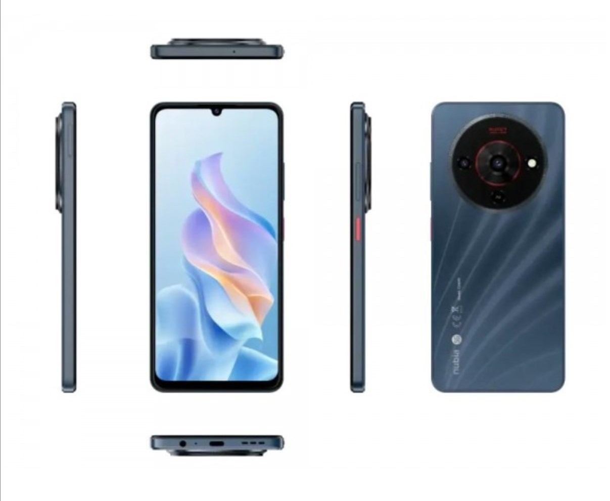 Gri akıllı telefonun ön, arka, yanlar, üst ve alt olmak üzere çeşitli açılardan görünümleri.