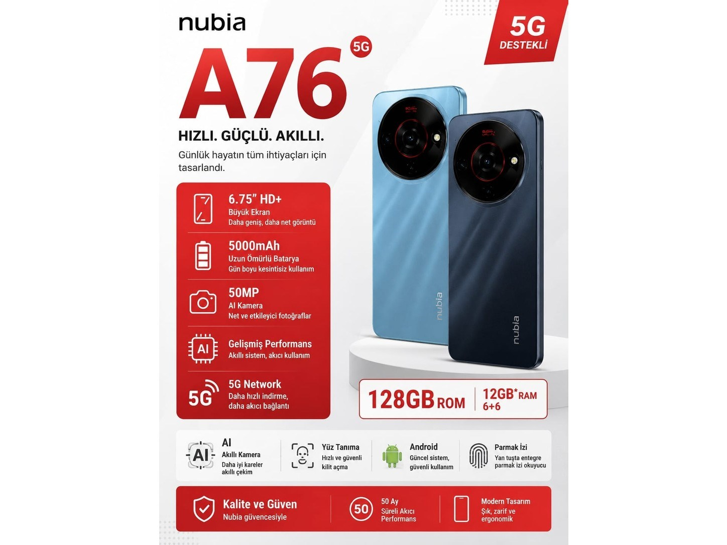 Mavi ve siyah modelleri ve özellikleri ile Nubia A76 akıllı telefon tanıtım afişi.