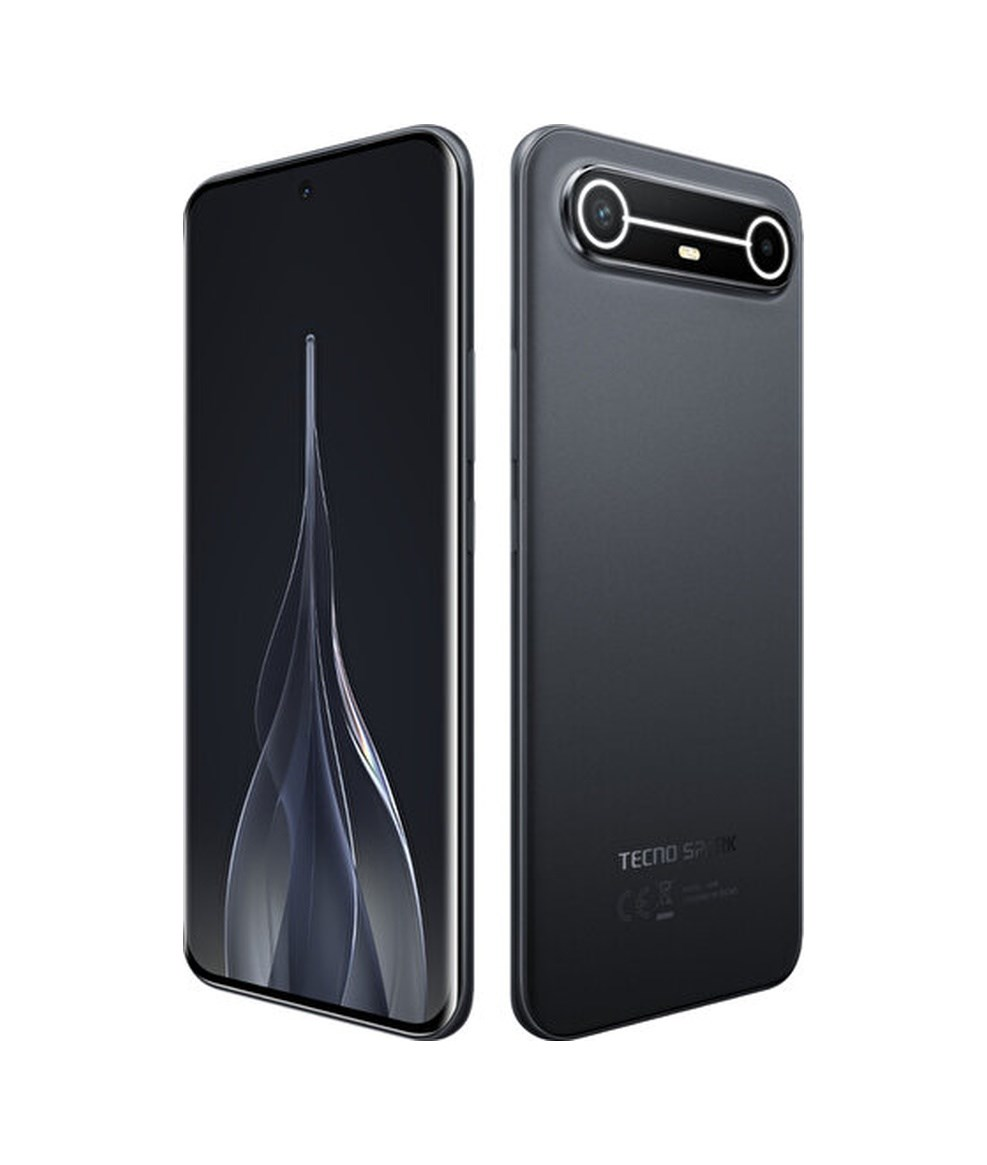 Çift kameralı siyah bir Tecno Spark akıllı telefonun ön ve arka görünümü.