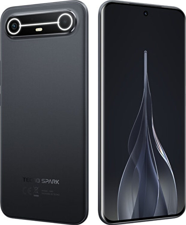 Benzersiz çift kamera modülü ve kavisli ekranıyla koyu gri Tecno Spark akıllı telefonun ön ve arka görünümü.